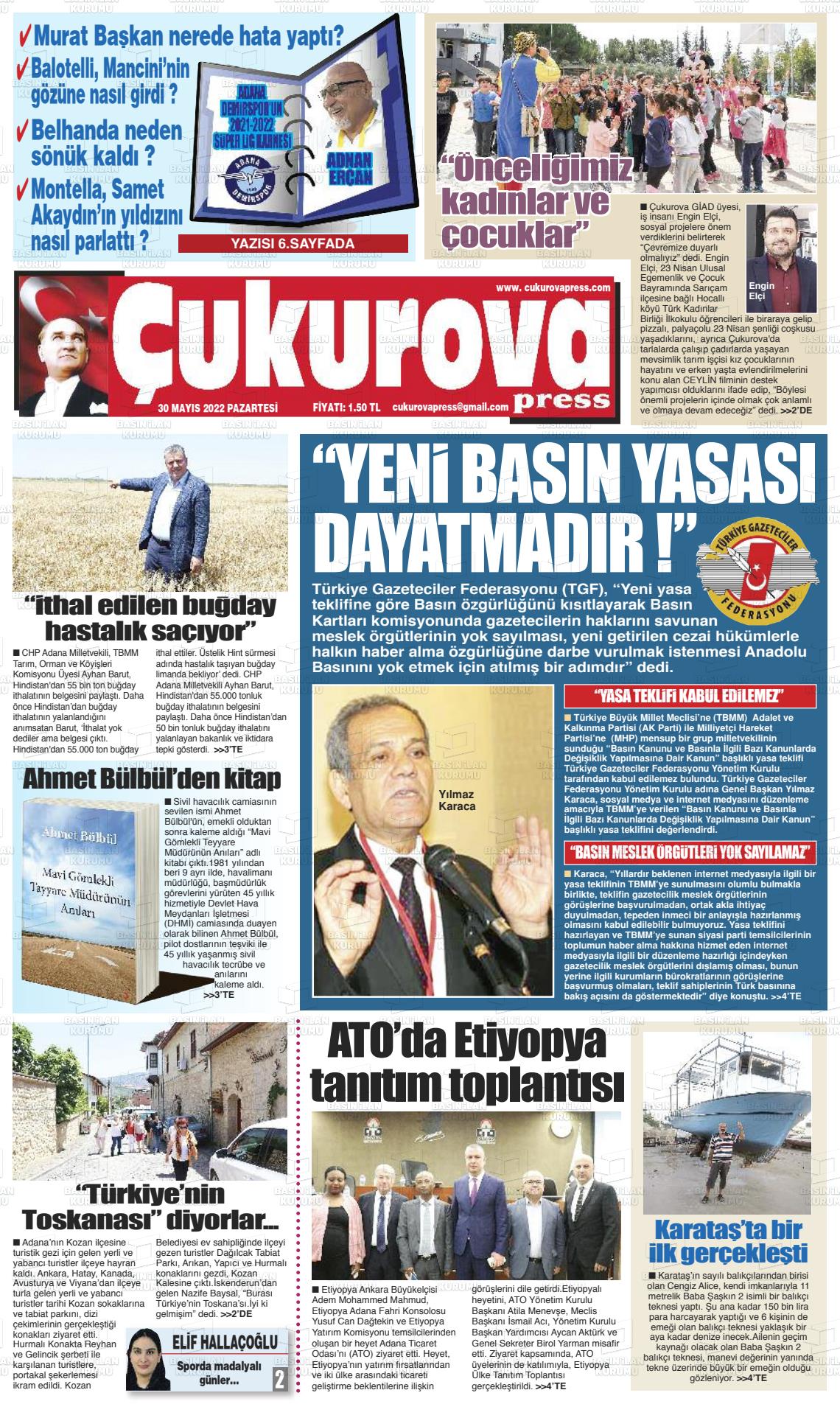 30 Mayıs 2022 Çukurova Press Gazete Manşeti