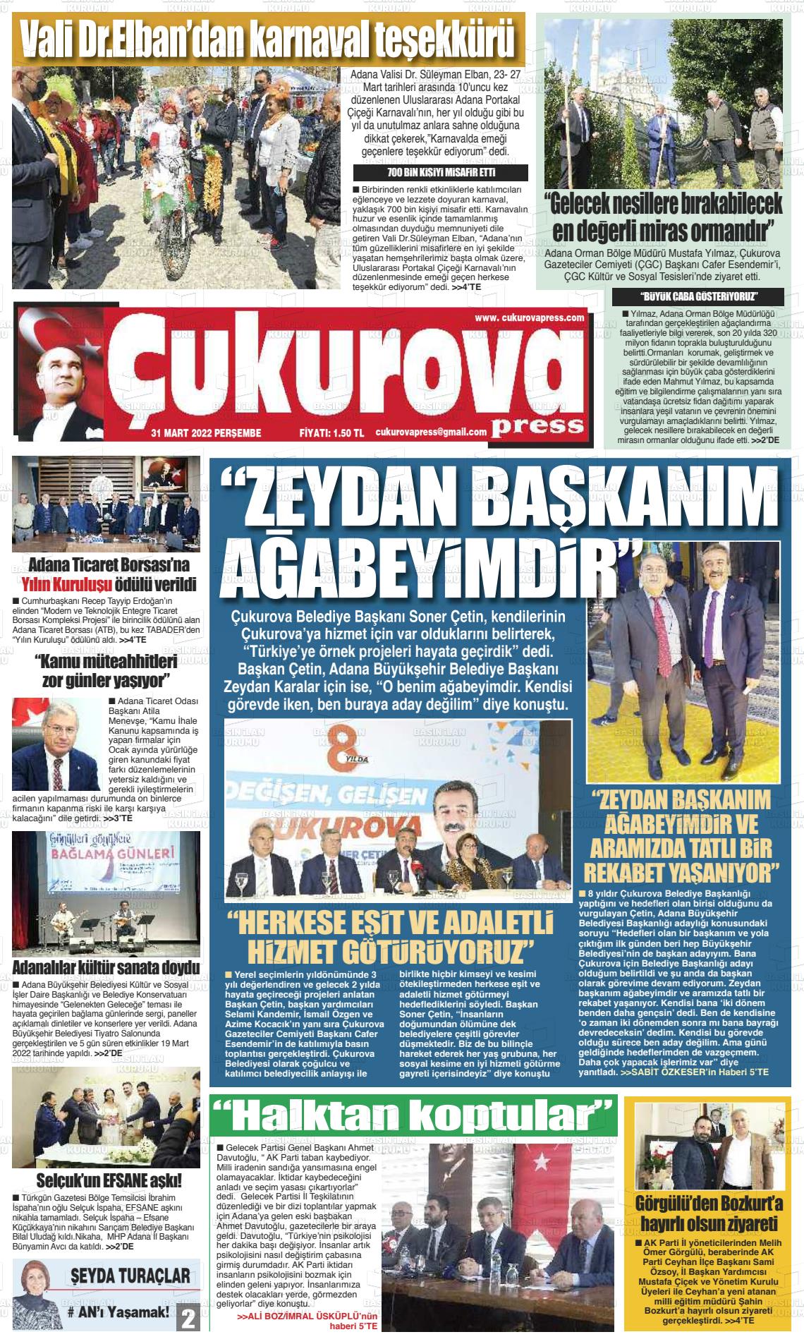 31 Mart 2022 Çukurova Press Gazete Manşeti