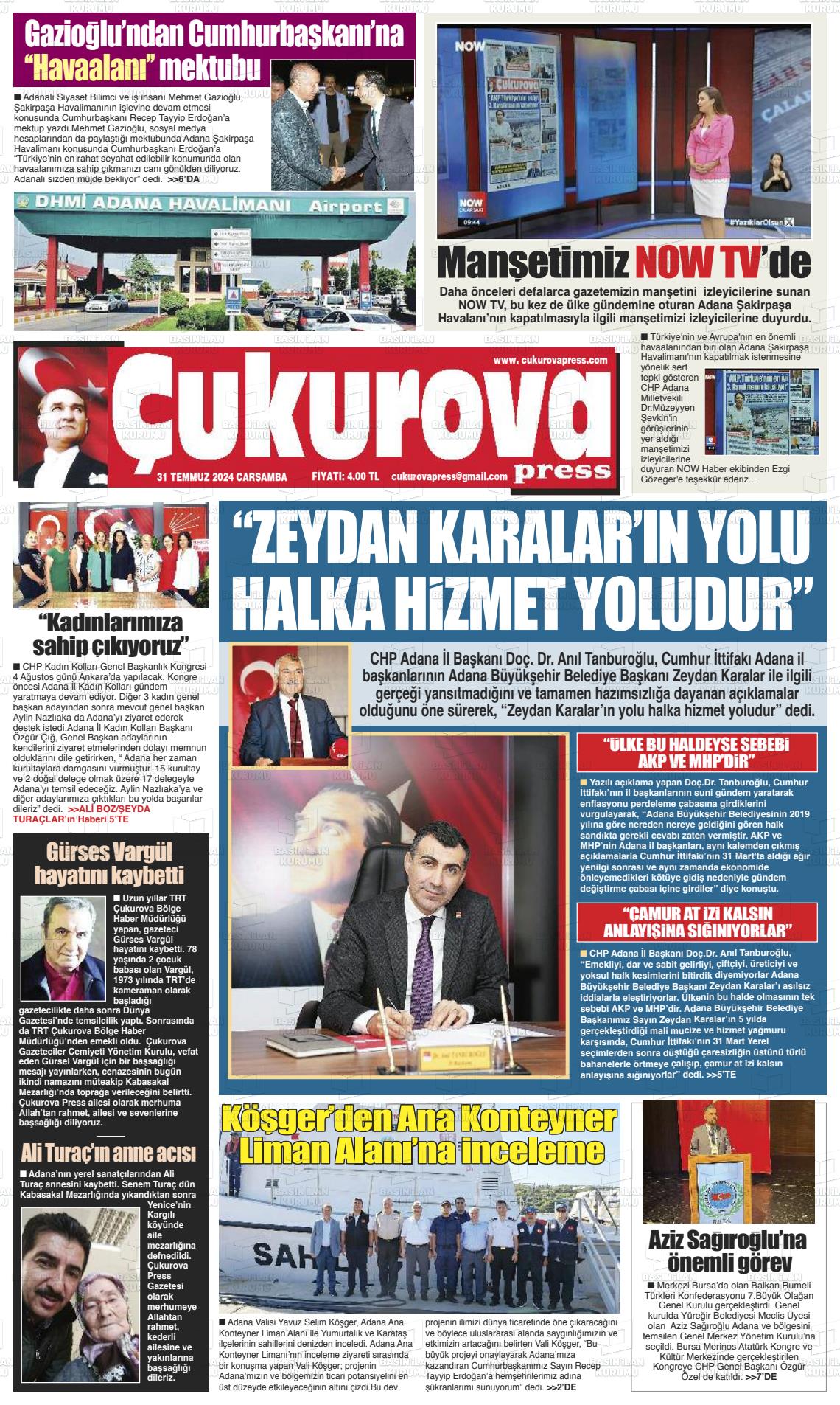 31 Temmuz 2024 Çukurova Press Gazete Manşeti