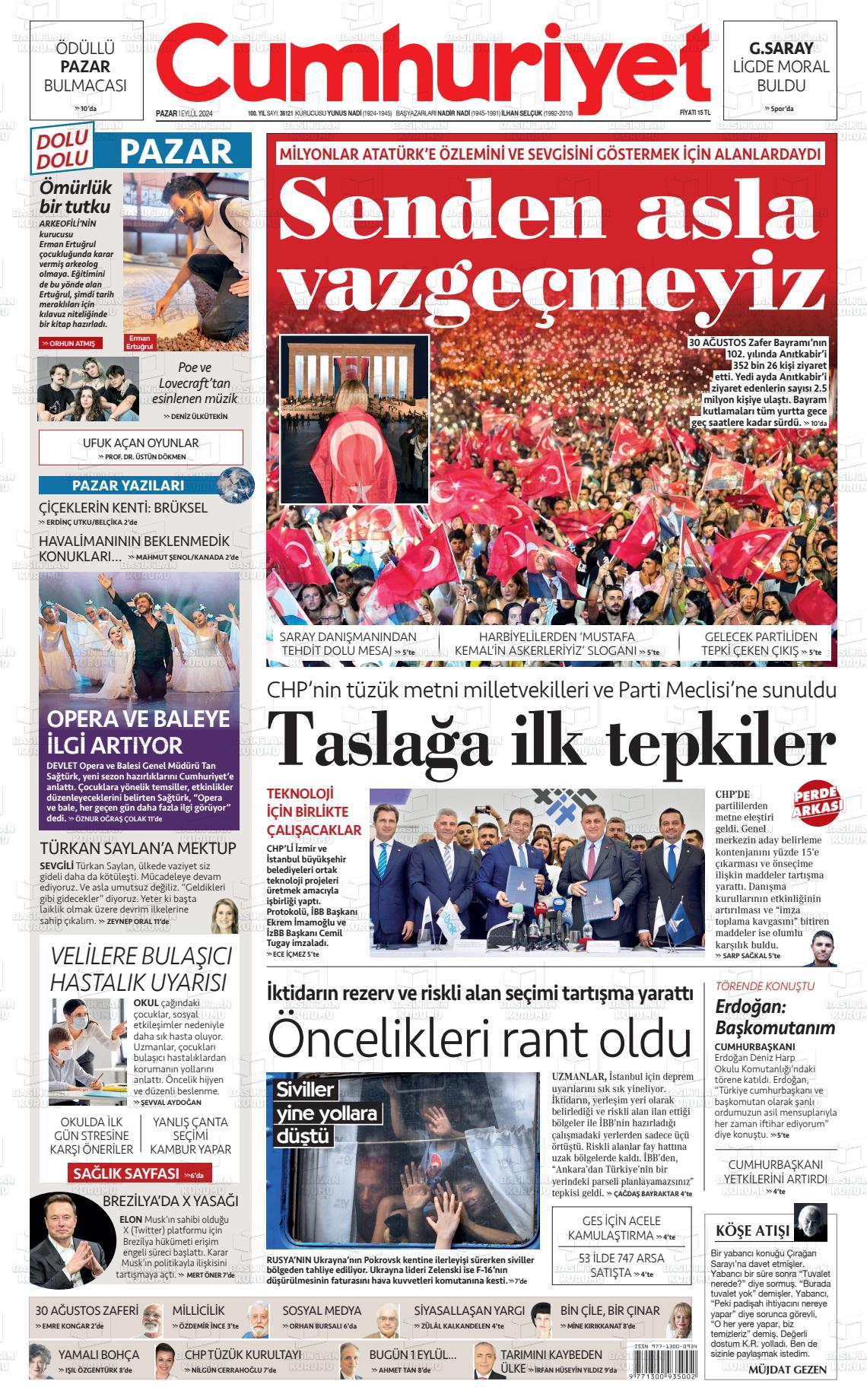 01 Eylül 2024 Cumhuriyet Gazete Manşeti