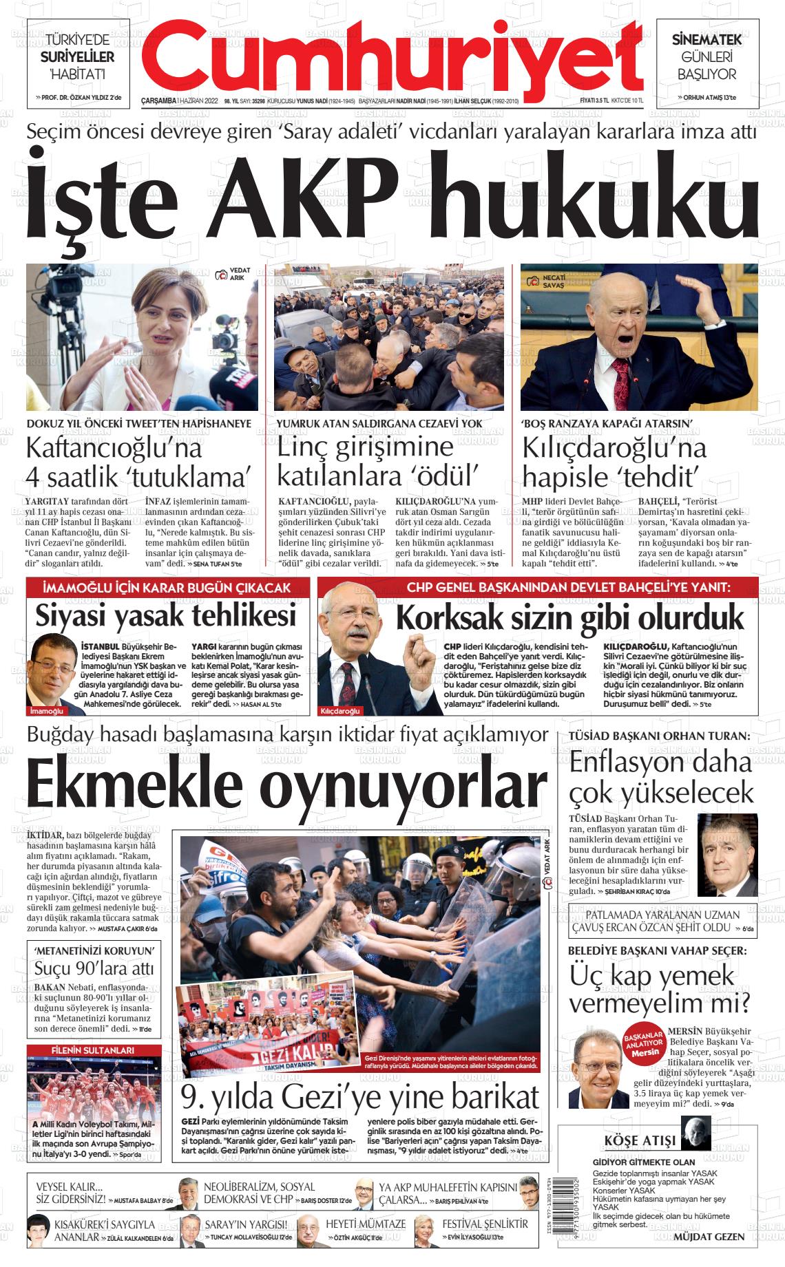 01 Haziran 2022 Cumhuriyet Gazete Manşeti