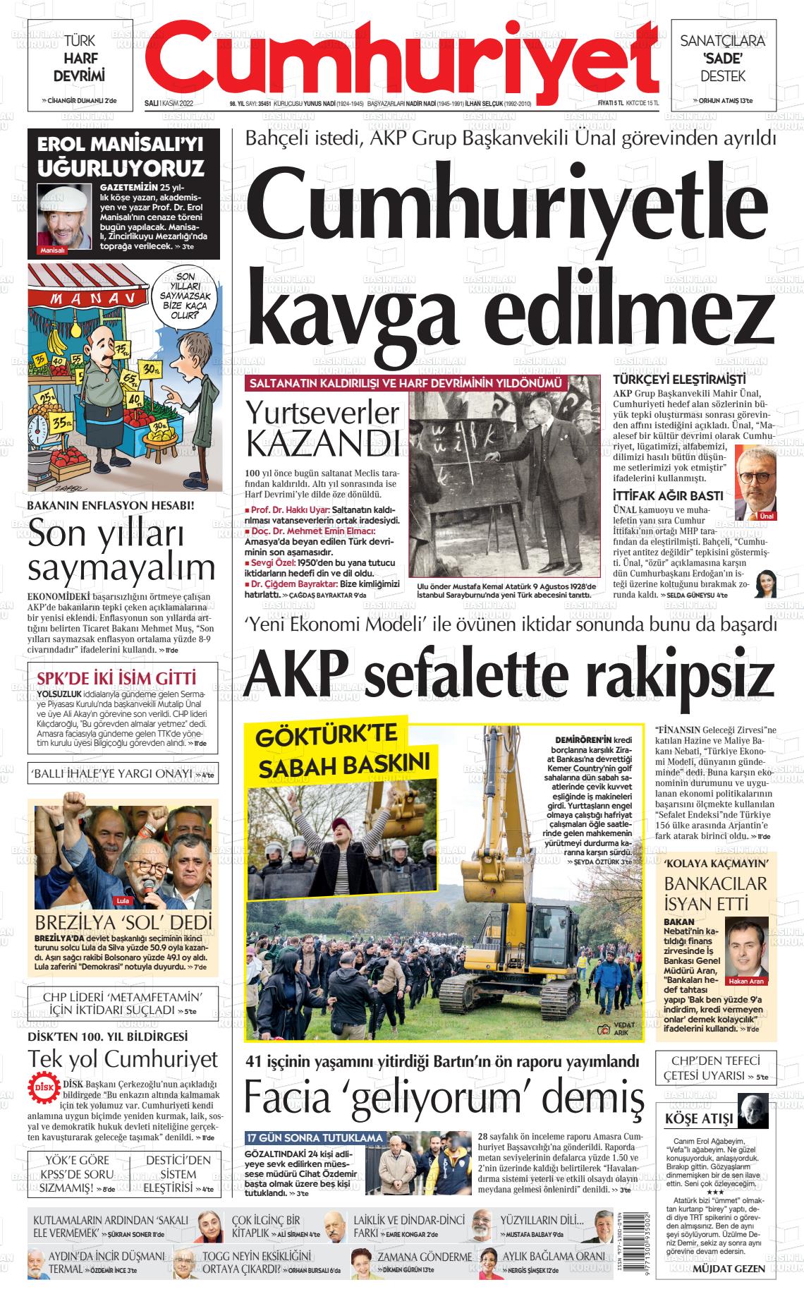 01 Kasım 2022 Cumhuriyet Gazete Manşeti