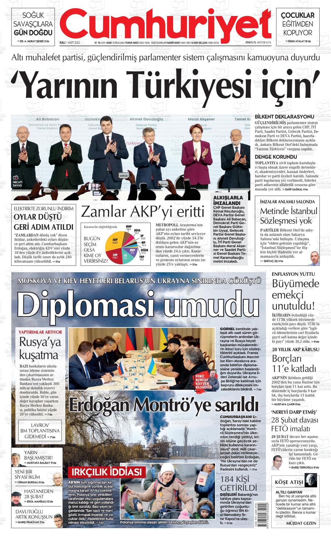 01 Mart 2022 Cumhuriyet Gazete Manşeti