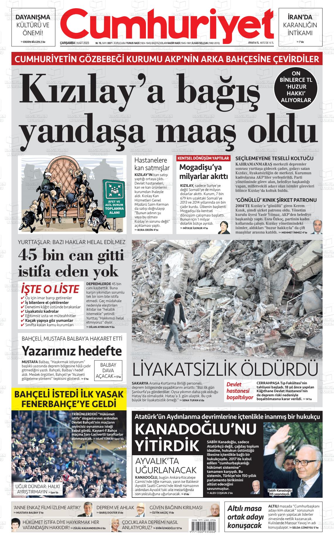 01 Mart 2023 Cumhuriyet Gazete Manşeti