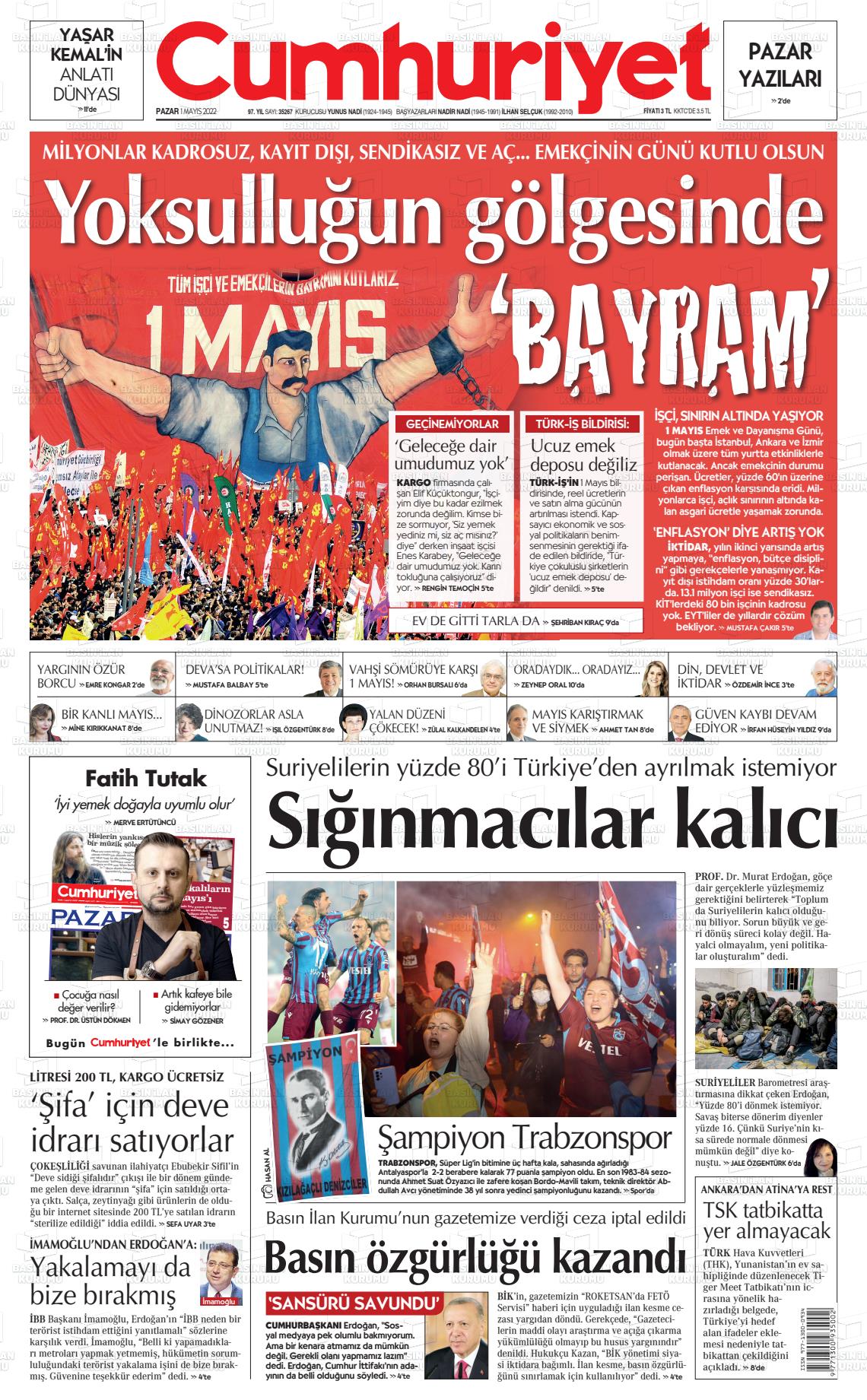 01 Mayıs 2022 Cumhuriyet Gazete Manşeti