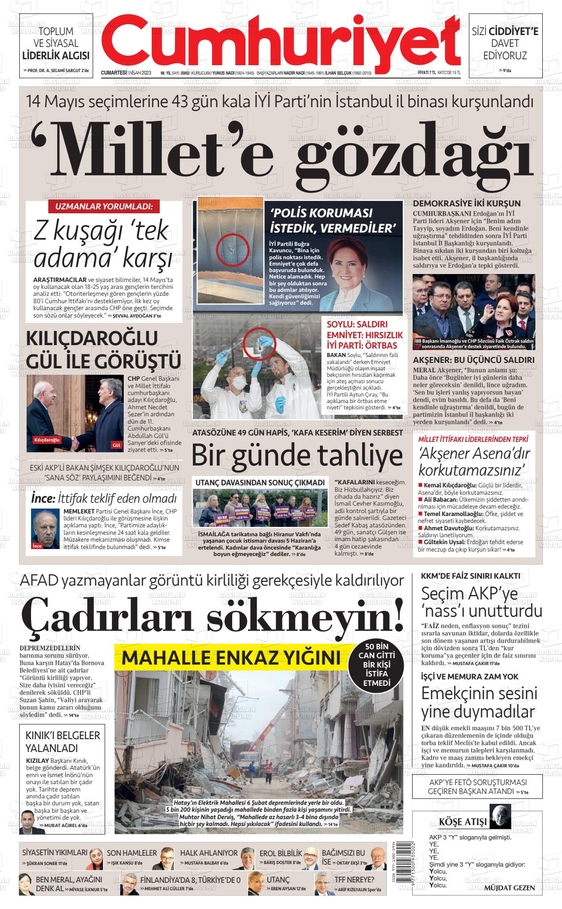 01 Nisan 2023 Cumhuriyet Gazete Manşeti