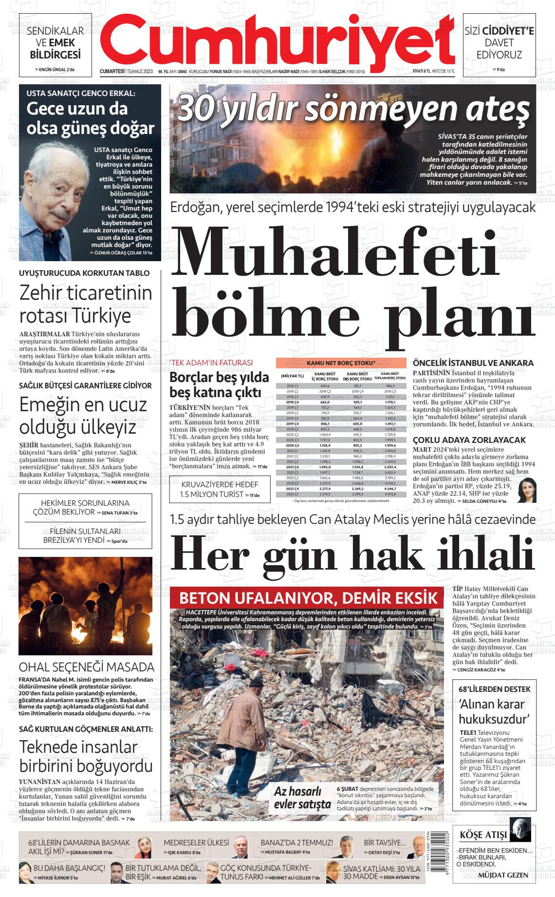 01 Temmuz 2023 Cumhuriyet Gazete Manşeti