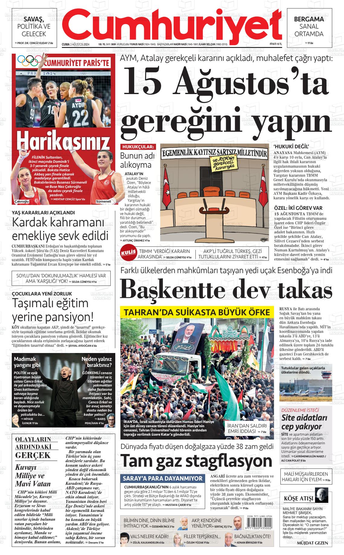 02 Ağustos 2024 Cumhuriyet Gazete Manşeti