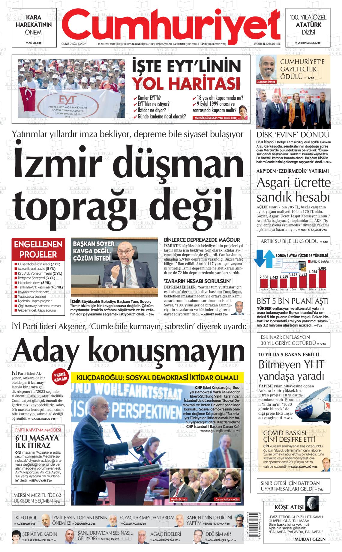 02 Aralık 2022 Cumhuriyet Gazete Manşeti