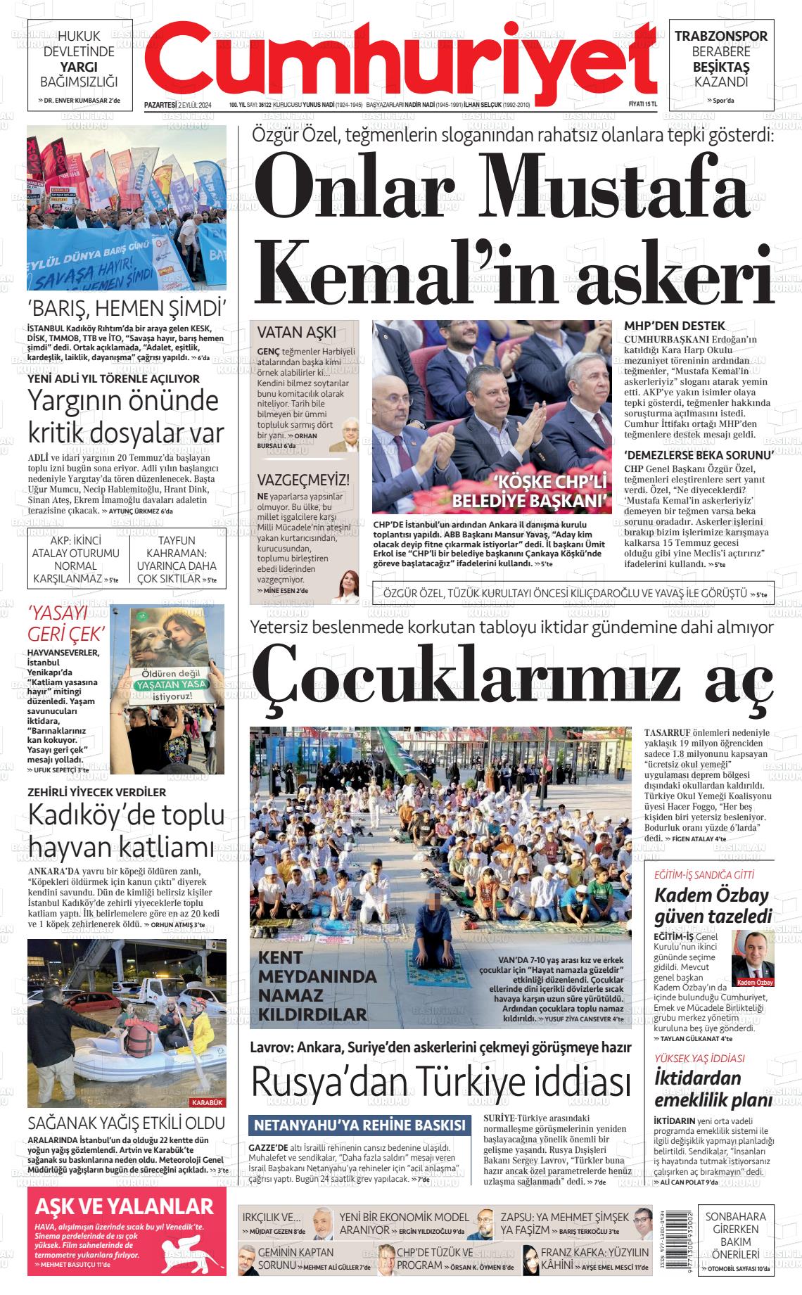 02 Eylül 2024 Cumhuriyet Gazete Manşeti