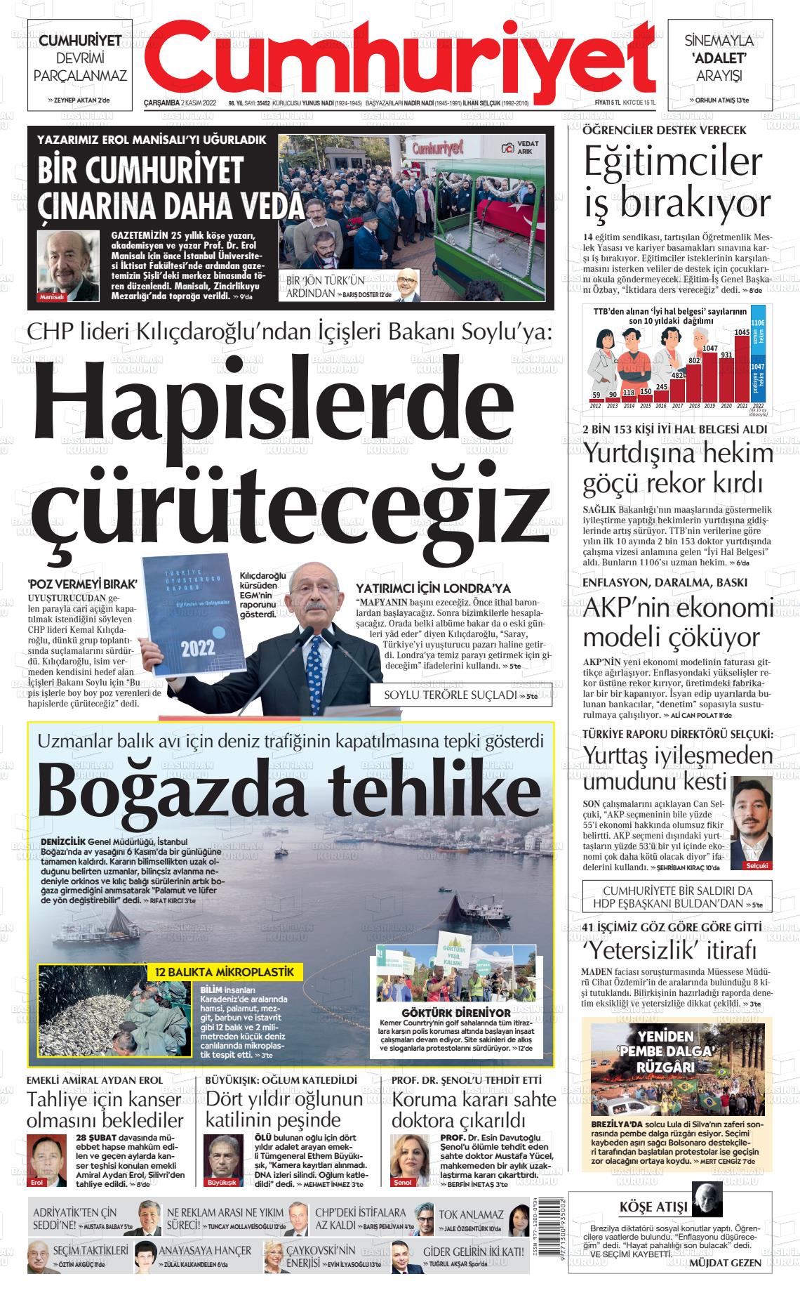 02 Kasım 2022 Cumhuriyet Gazete Manşeti