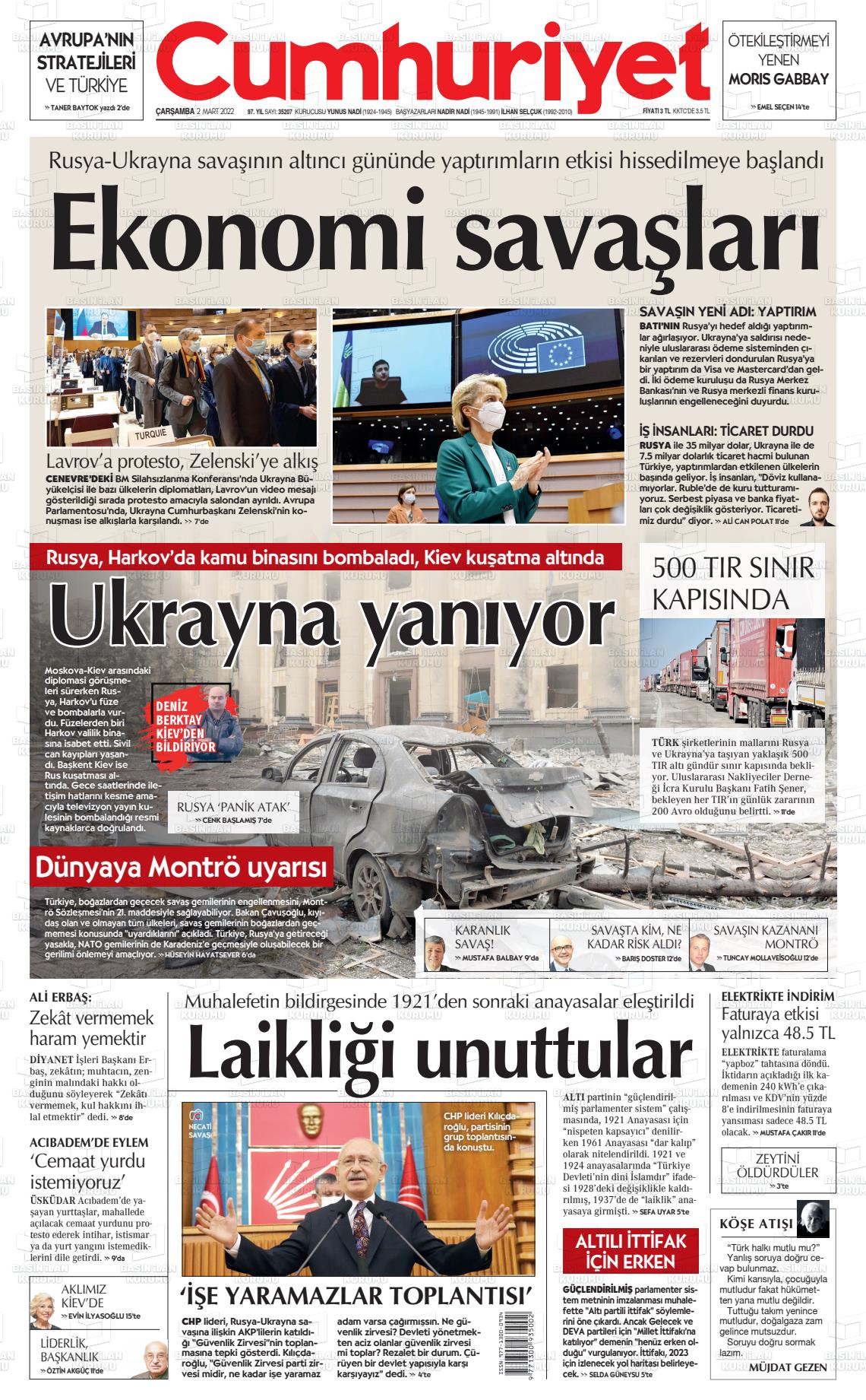 02 Mart 2022 Cumhuriyet Gazete Manşeti