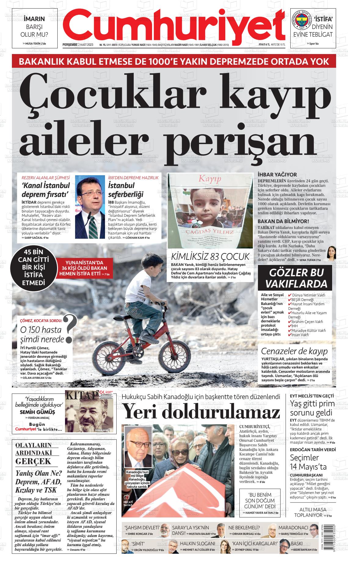 02 Mart 2023 Cumhuriyet Gazete Manşeti