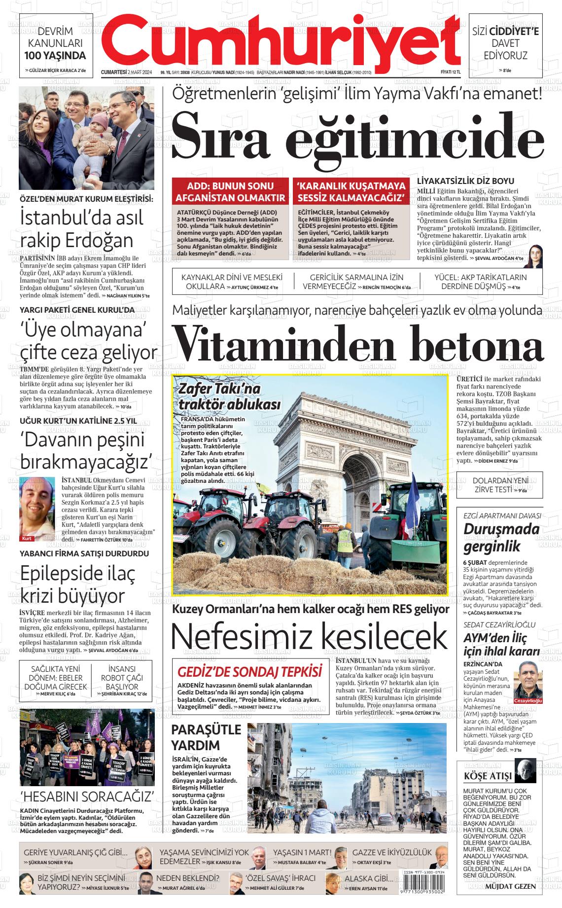 02 Mart 2024 Cumhuriyet Gazete Manşeti