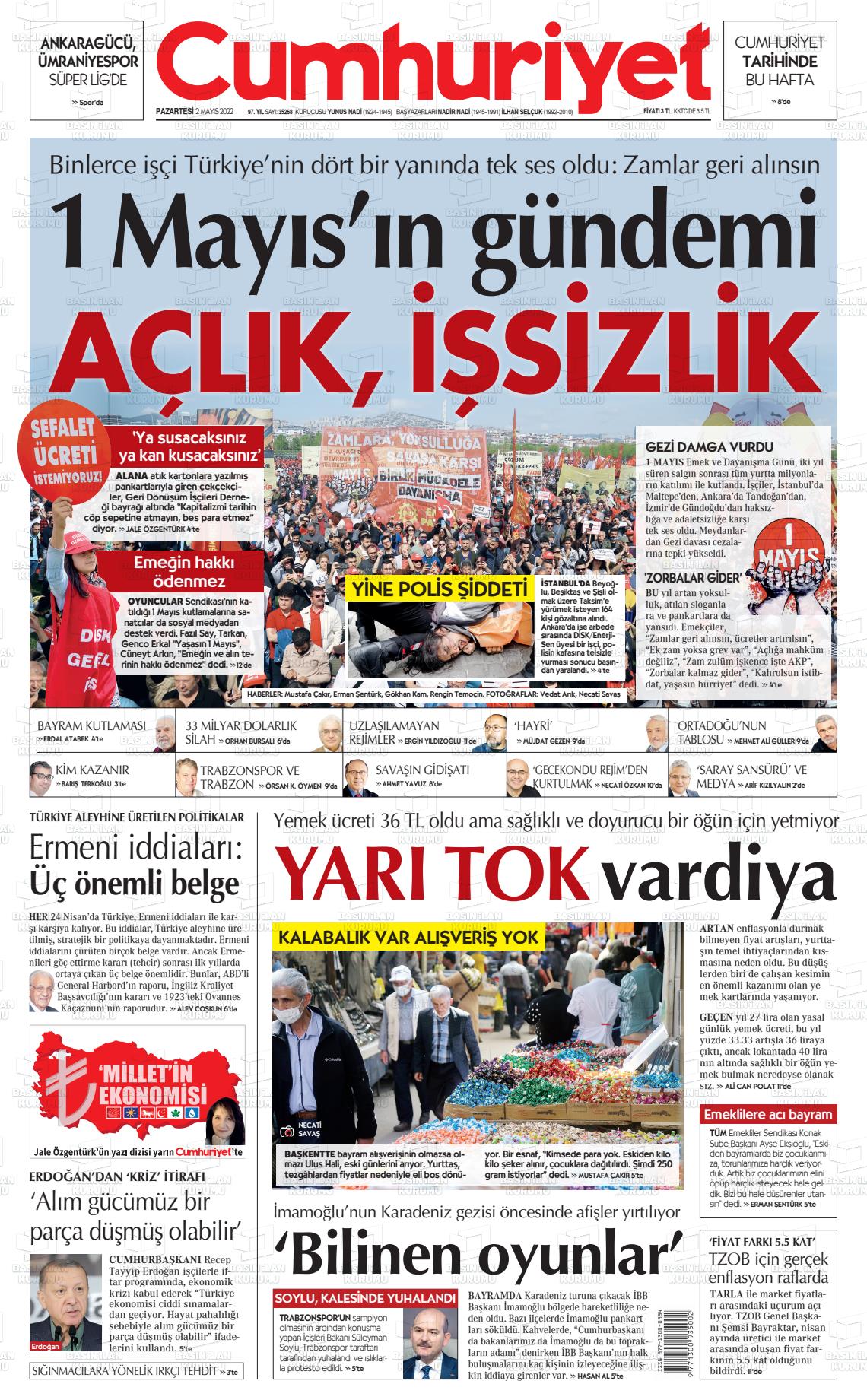 02 Mayıs 2022 Cumhuriyet Gazete Manşeti