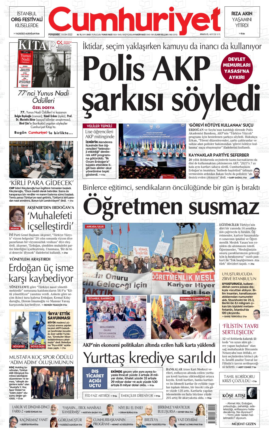 03 Kasım 2022 Cumhuriyet Gazete Manşeti