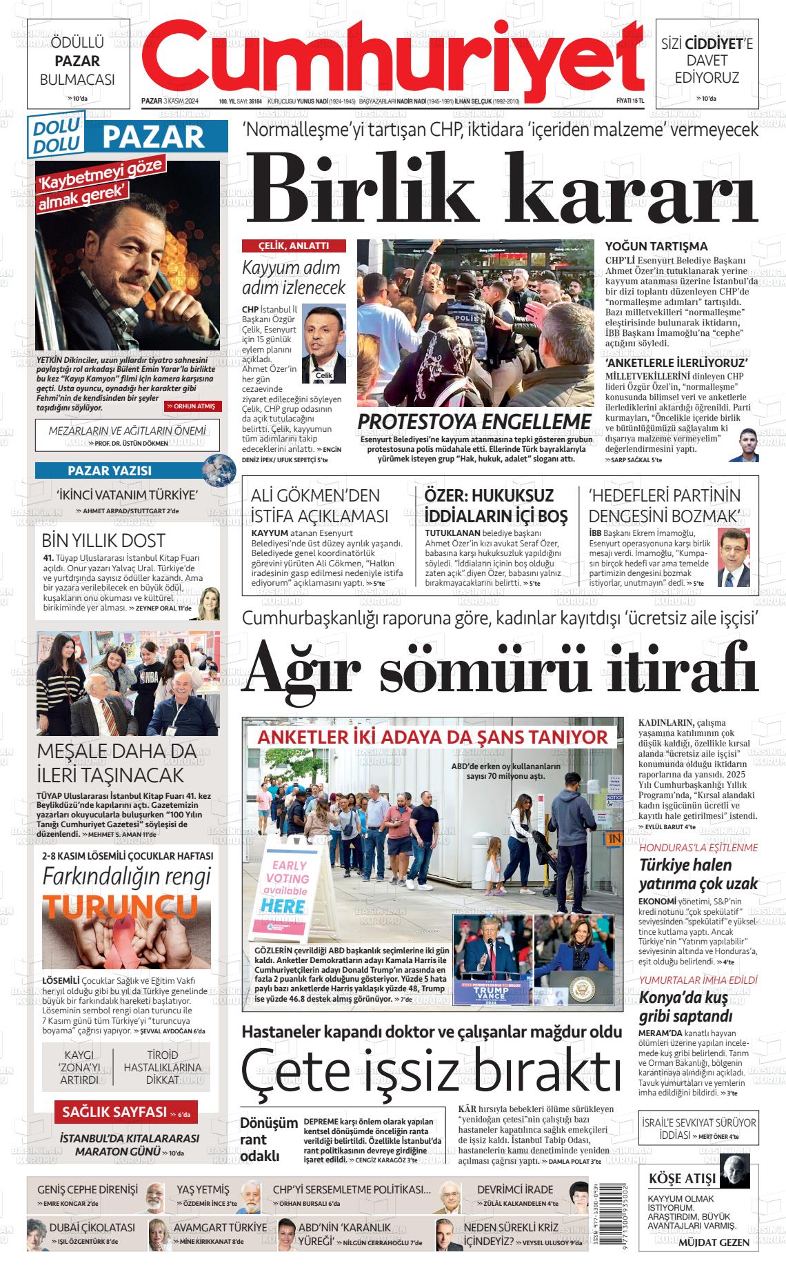 03 Kasım 2024 Cumhuriyet Gazete Manşeti