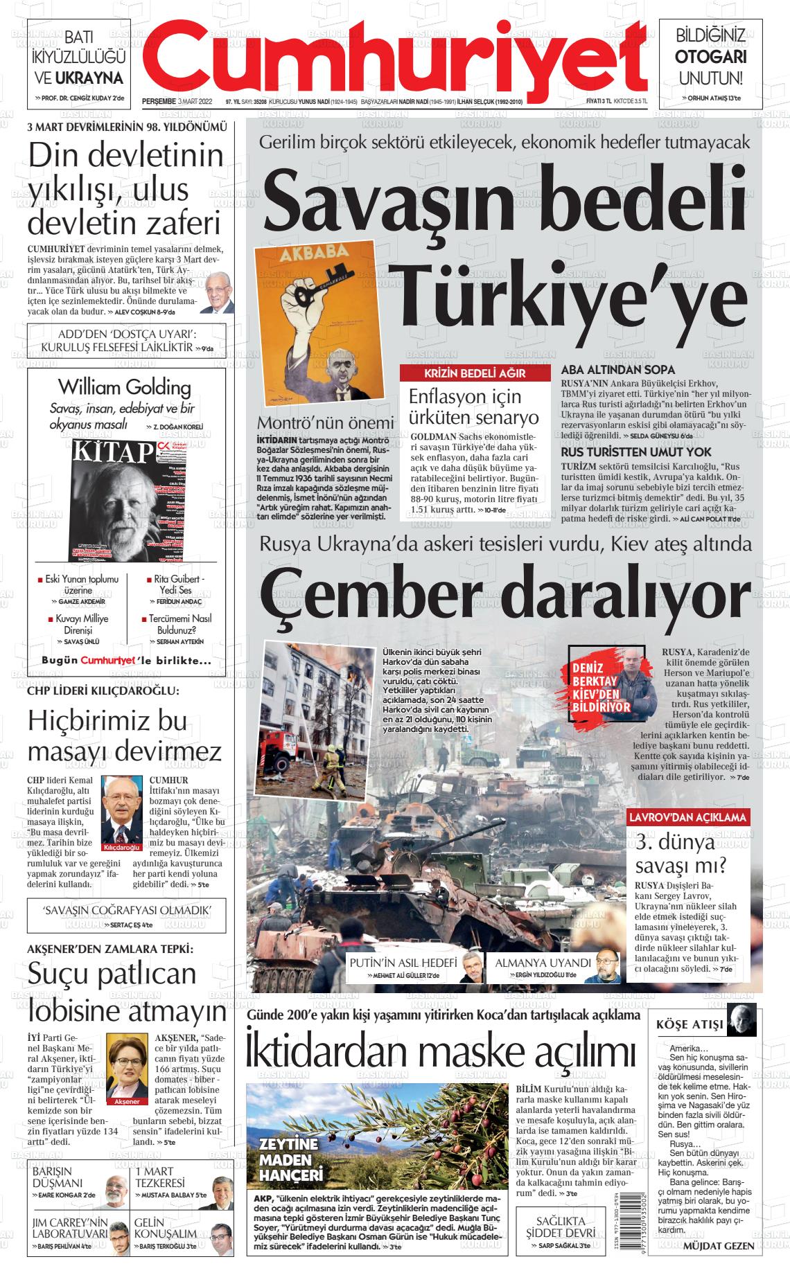 03 Mart 2022 Cumhuriyet Gazete Manşeti