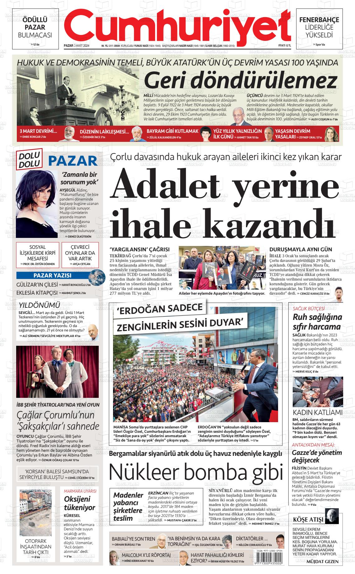 03 Mart 2024 Cumhuriyet Gazete Manşeti