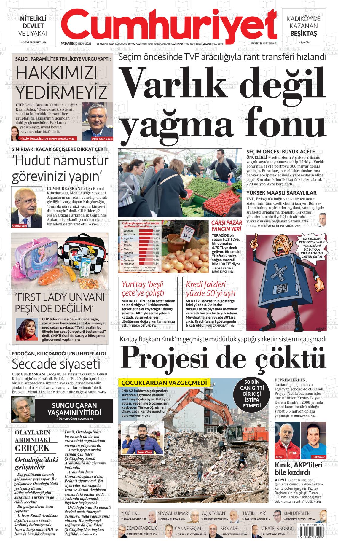 03 Nisan 2023 Cumhuriyet Gazete Manşeti