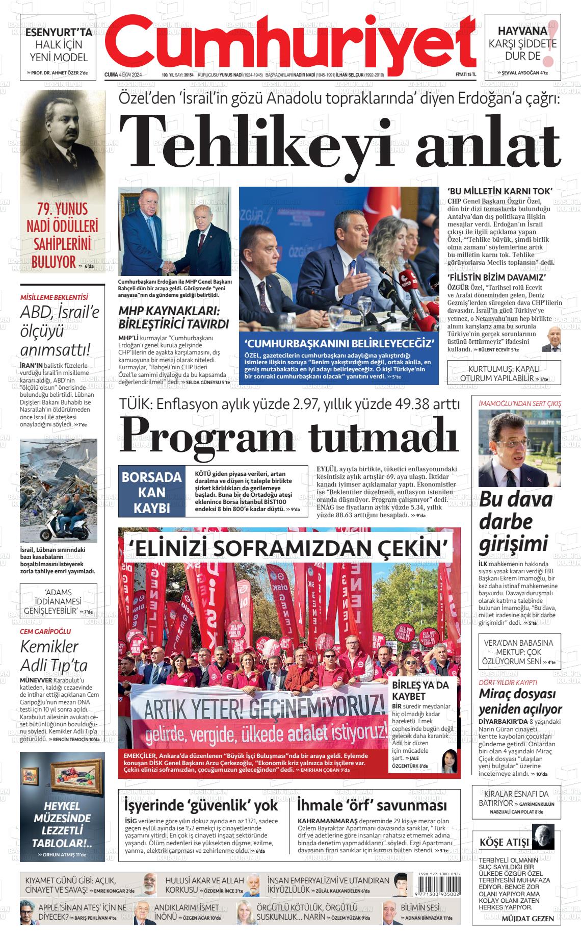 04 Ekim 2024 Cumhuriyet Gazete Manşeti