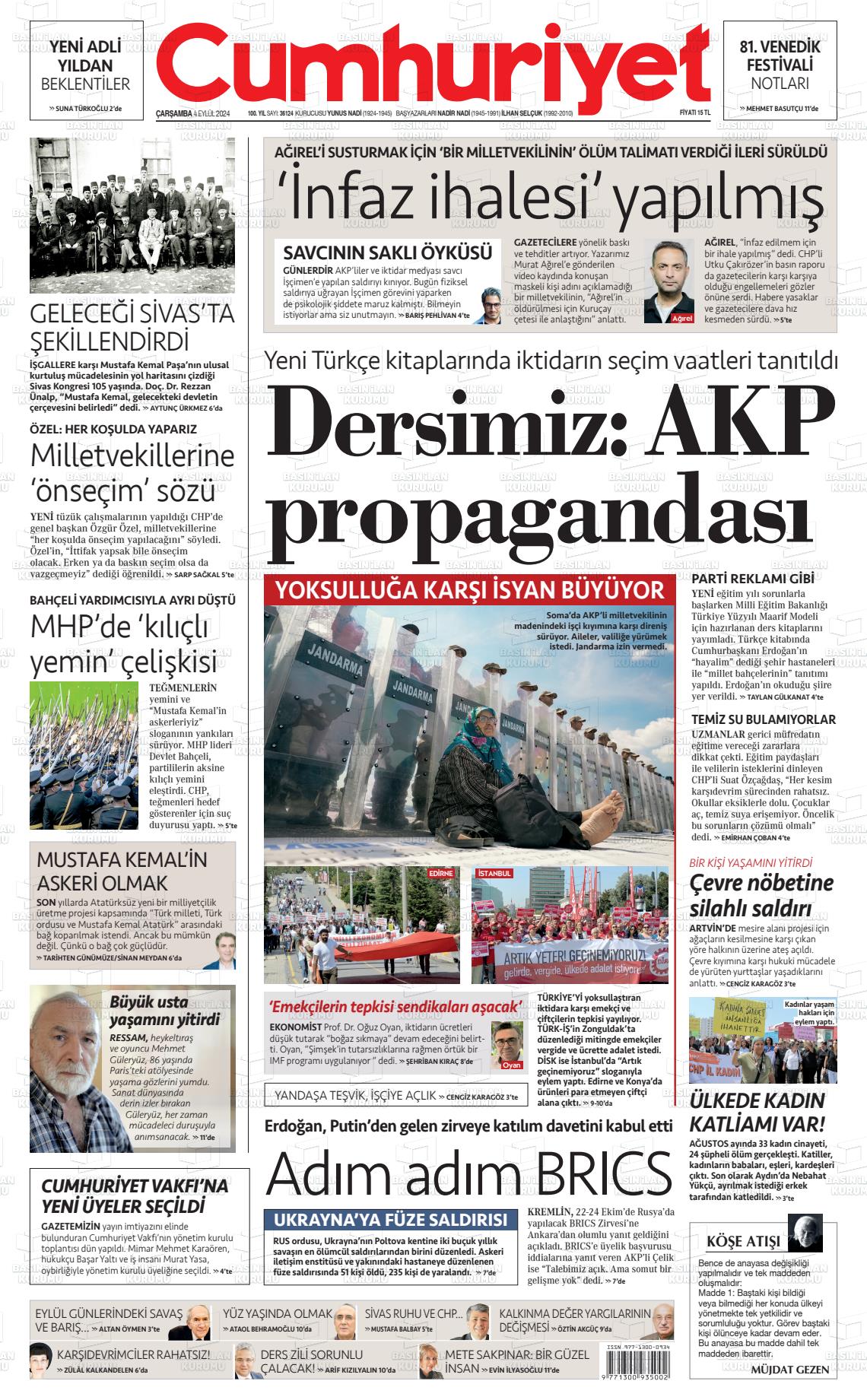 04 Eylül 2024 Cumhuriyet Gazete Manşeti