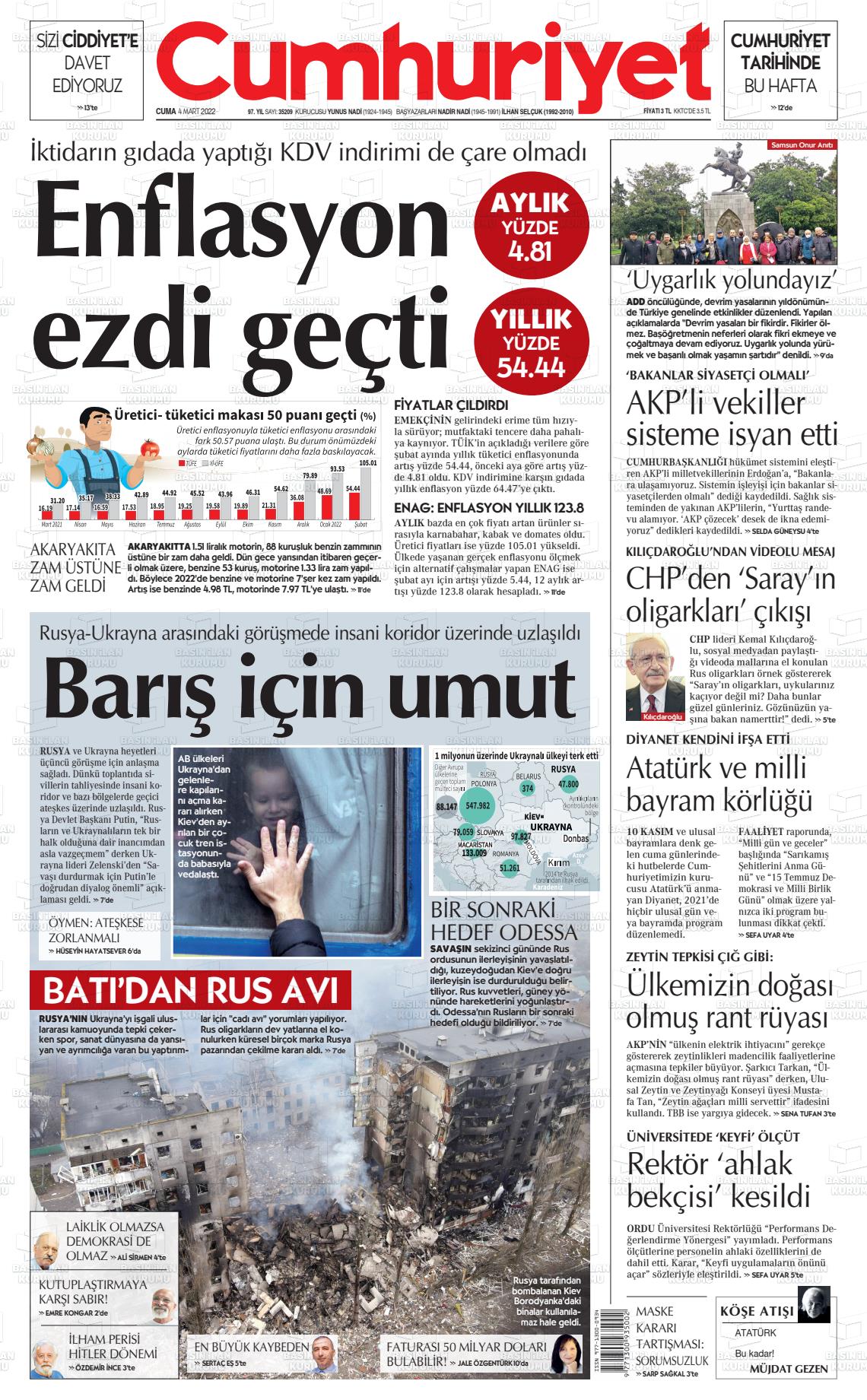 04 Mart 2022 Cumhuriyet Gazete Manşeti