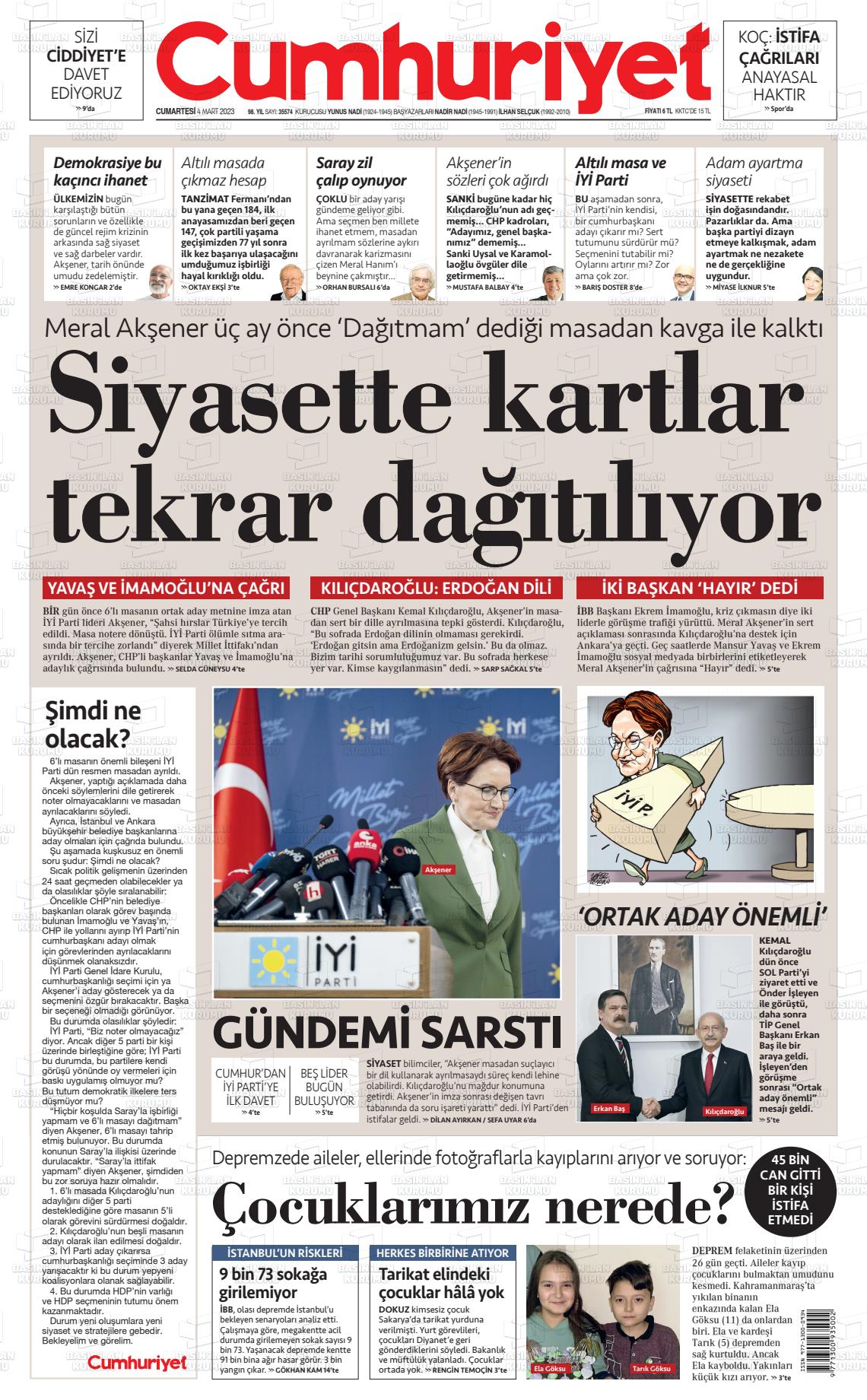 04 Mart 2023 Cumhuriyet Gazete Manşeti