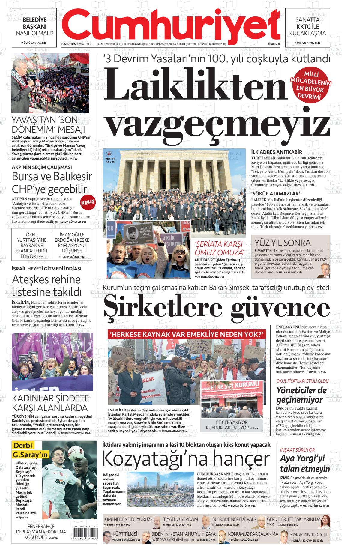 04 Mart 2024 Cumhuriyet Gazete Manşeti