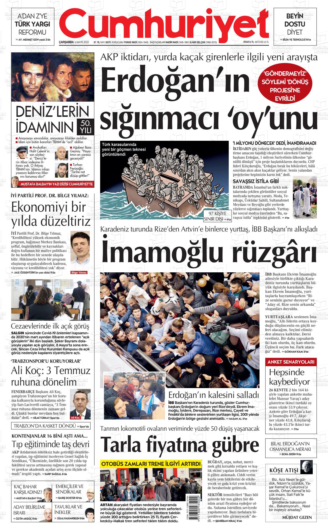 04 Mayıs 2022 Cumhuriyet Gazete Manşeti