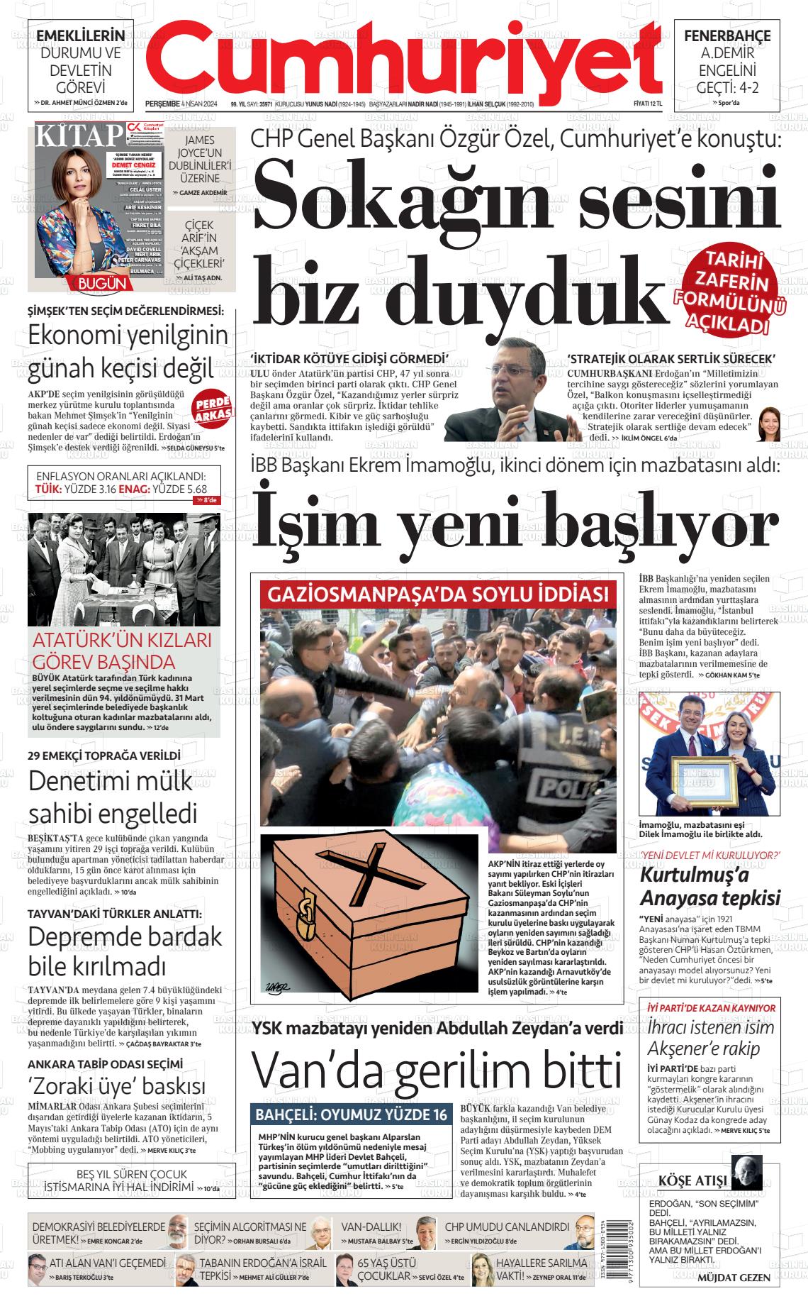 04 Nisan 2024 Cumhuriyet Gazete Manşeti