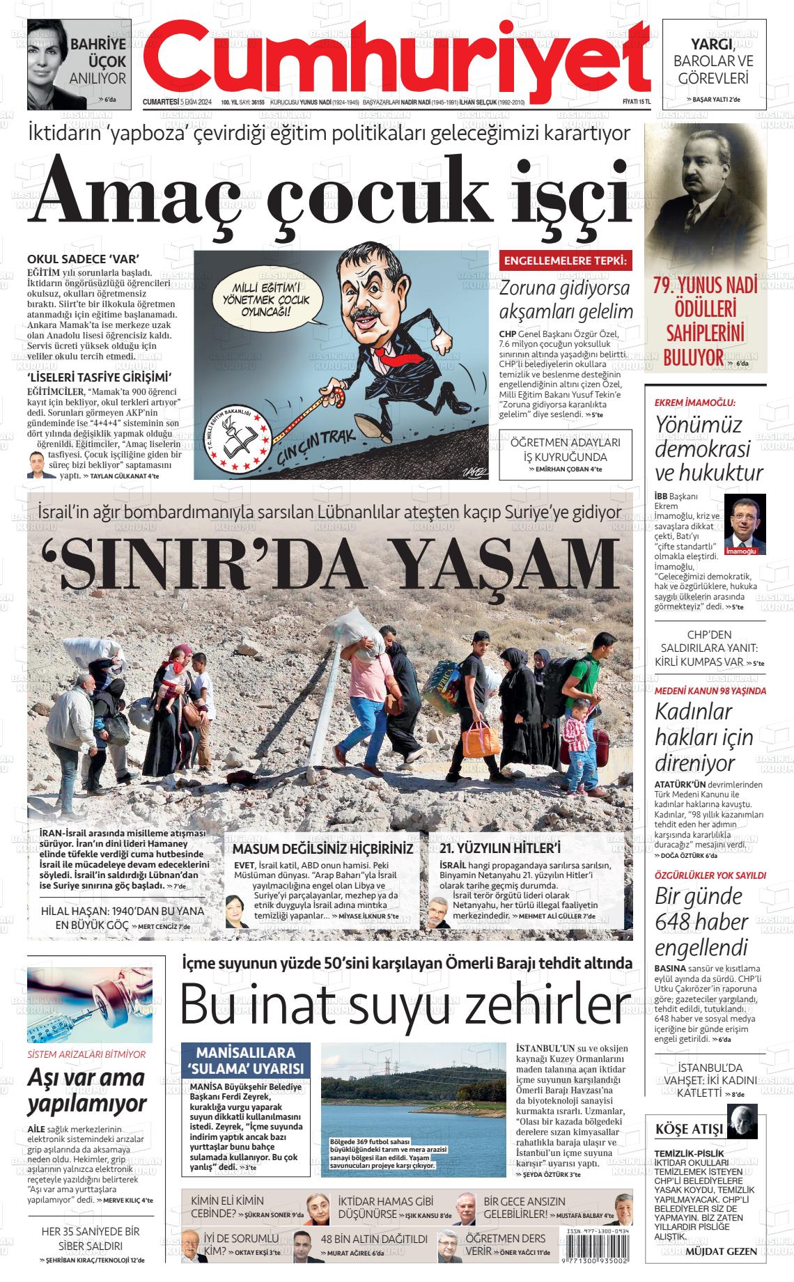 05 Ekim 2024 Cumhuriyet Gazete Manşeti