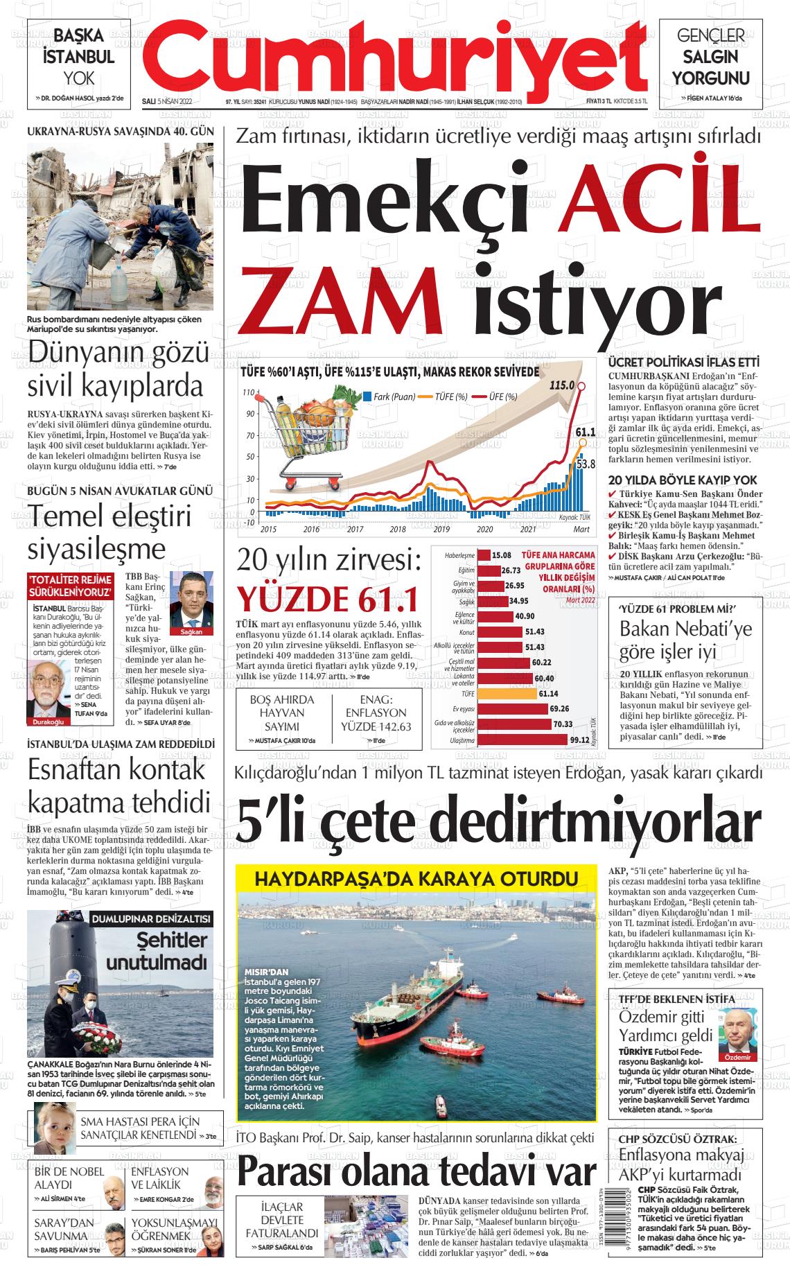 05 Nisan 2022 Cumhuriyet Gazete Manşeti