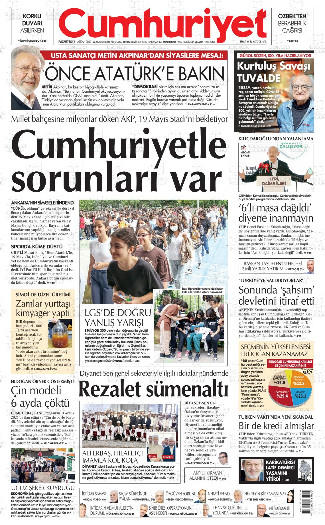 06 Haziran 2022 Cumhuriyet Gazete Manşeti