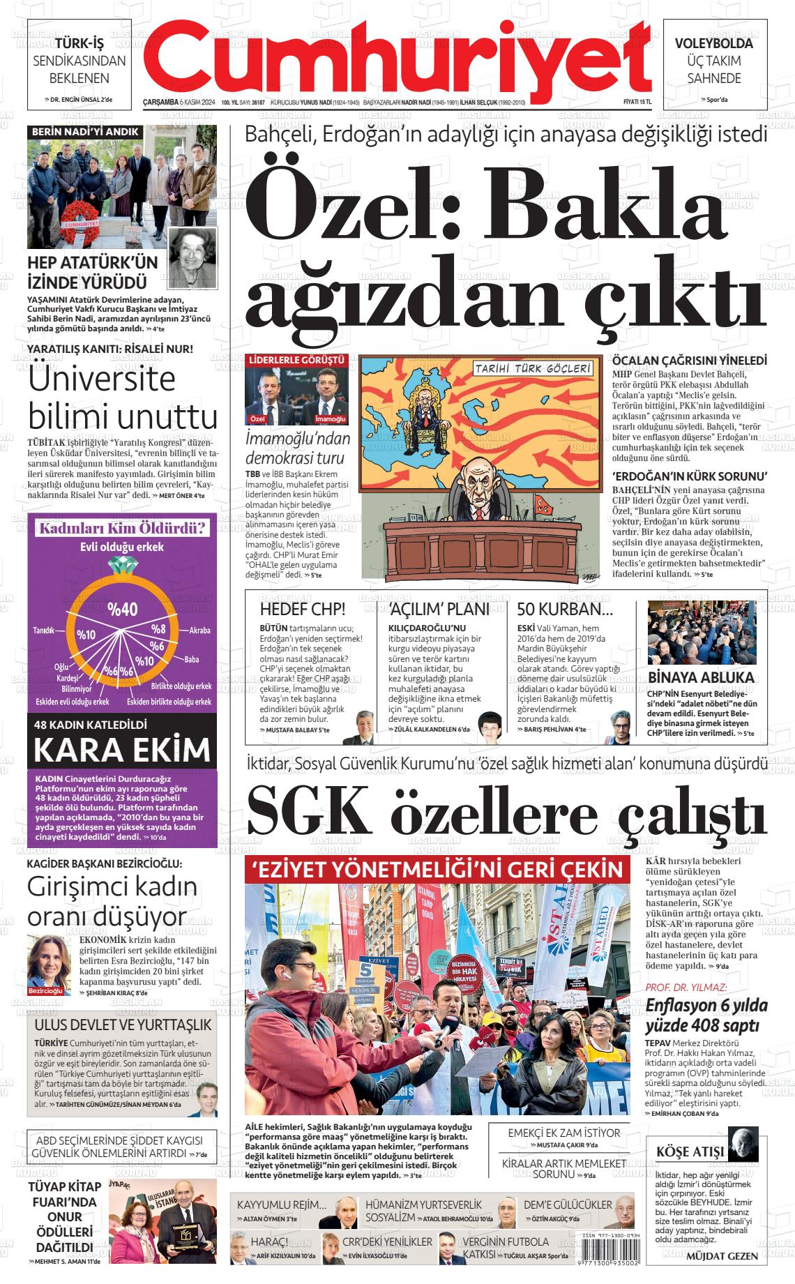 06 Kasım 2024 Cumhuriyet Gazete Manşeti