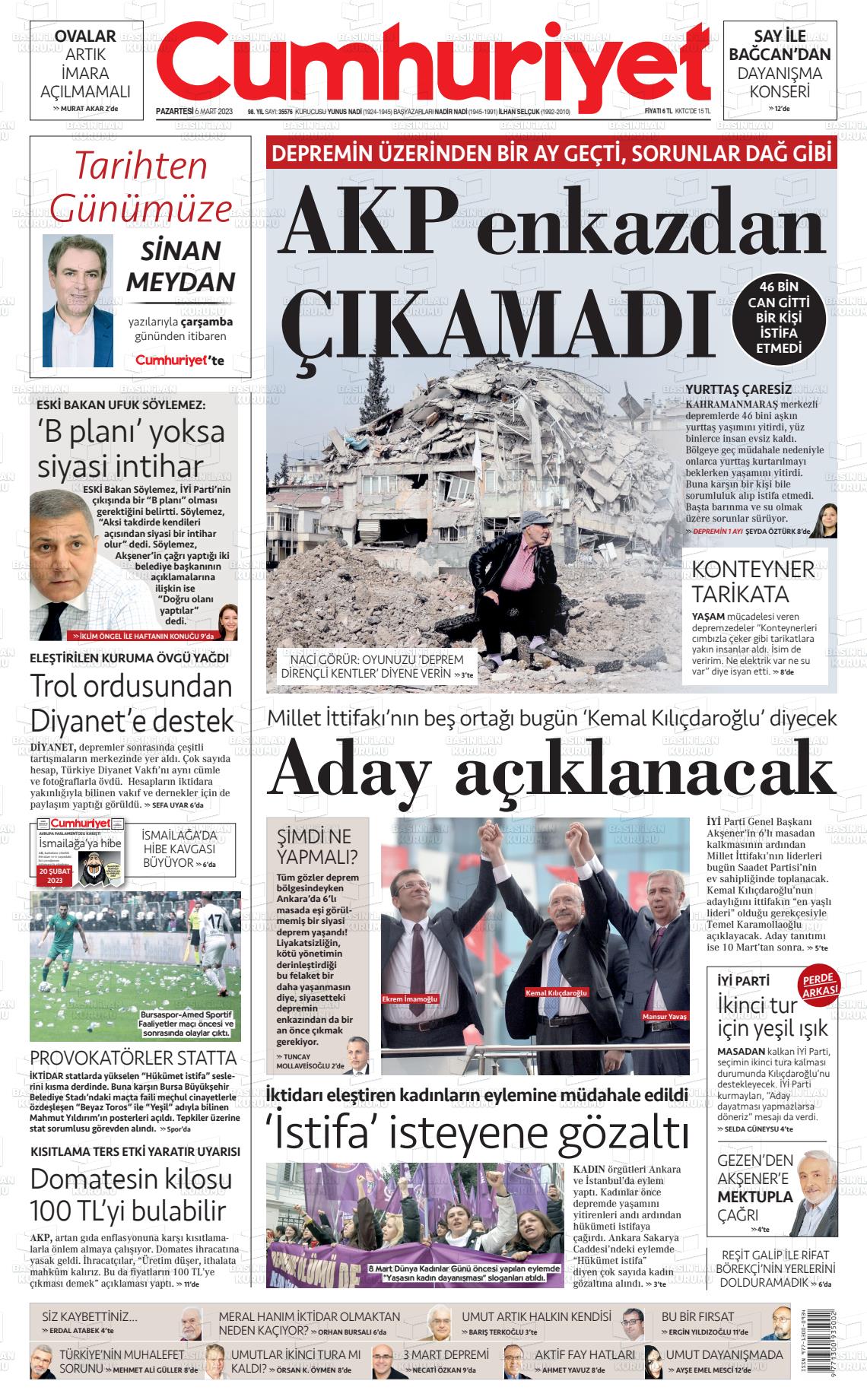 06 Mart 2023 Cumhuriyet Gazete Manşeti