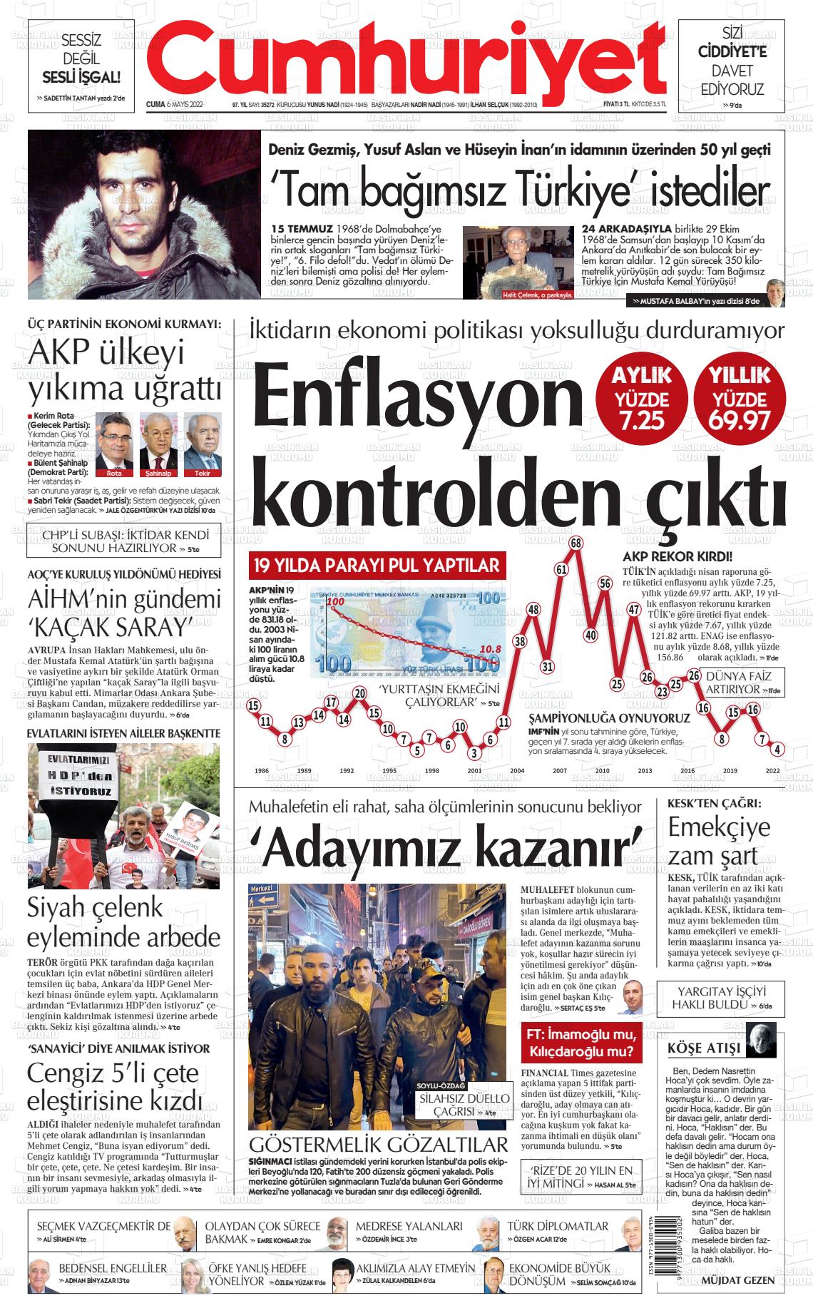 06 Mayıs 2022 Cumhuriyet Gazete Manşeti