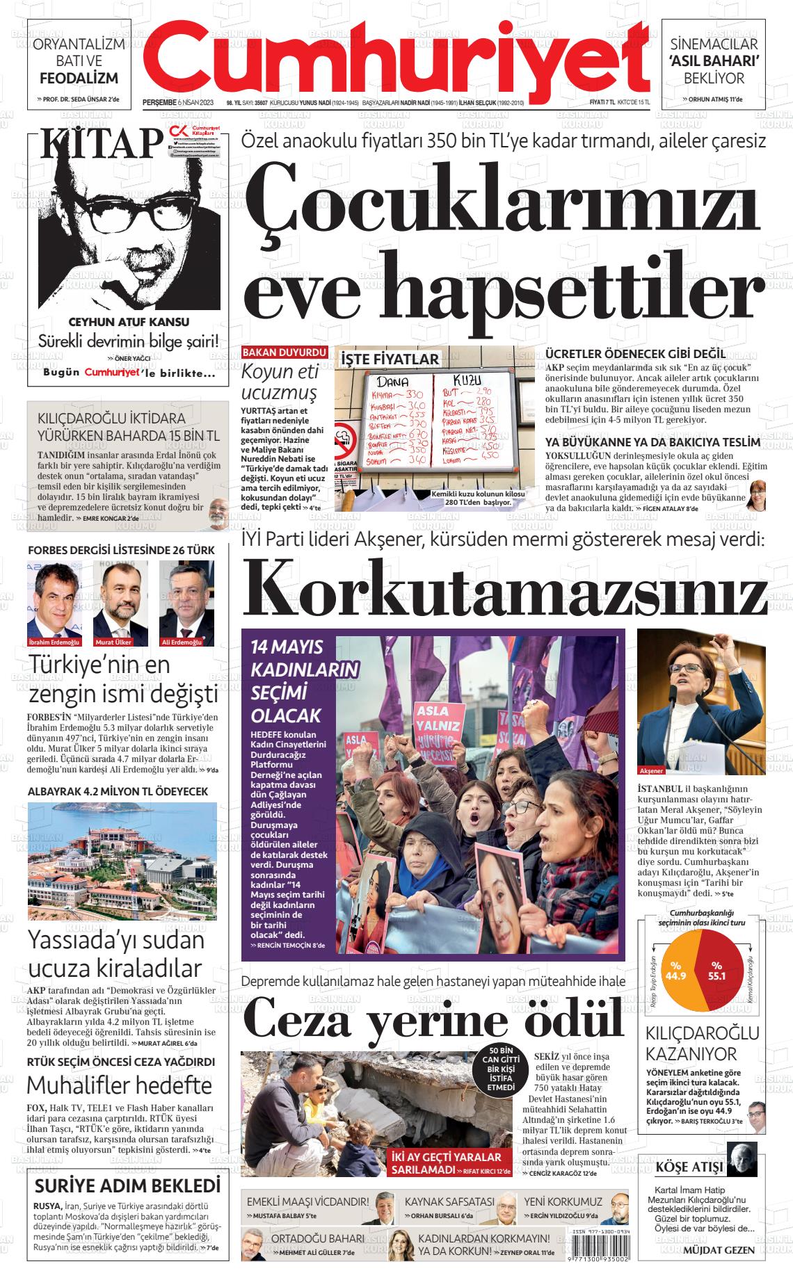 06 Nisan 2023 Cumhuriyet Gazete Manşeti