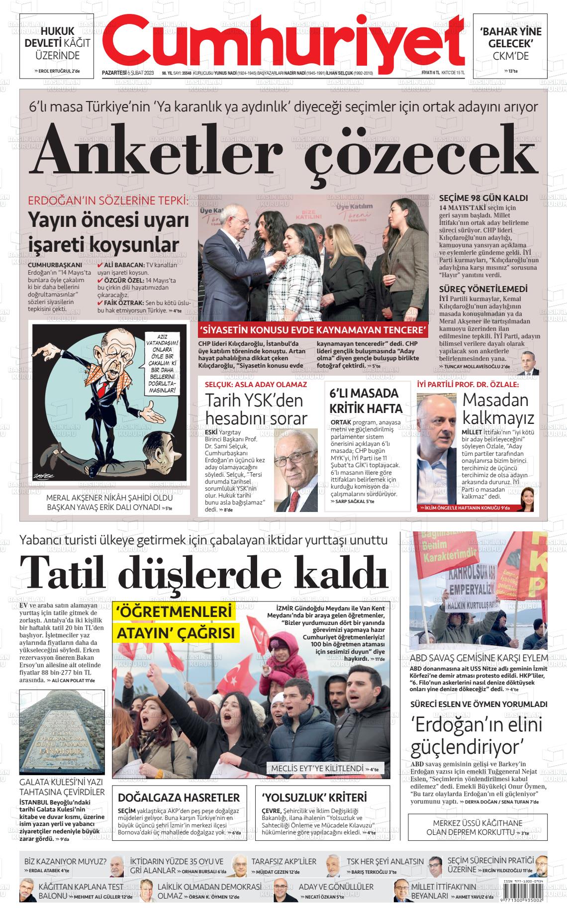 06 Şubat 2023 Cumhuriyet Gazete Manşeti