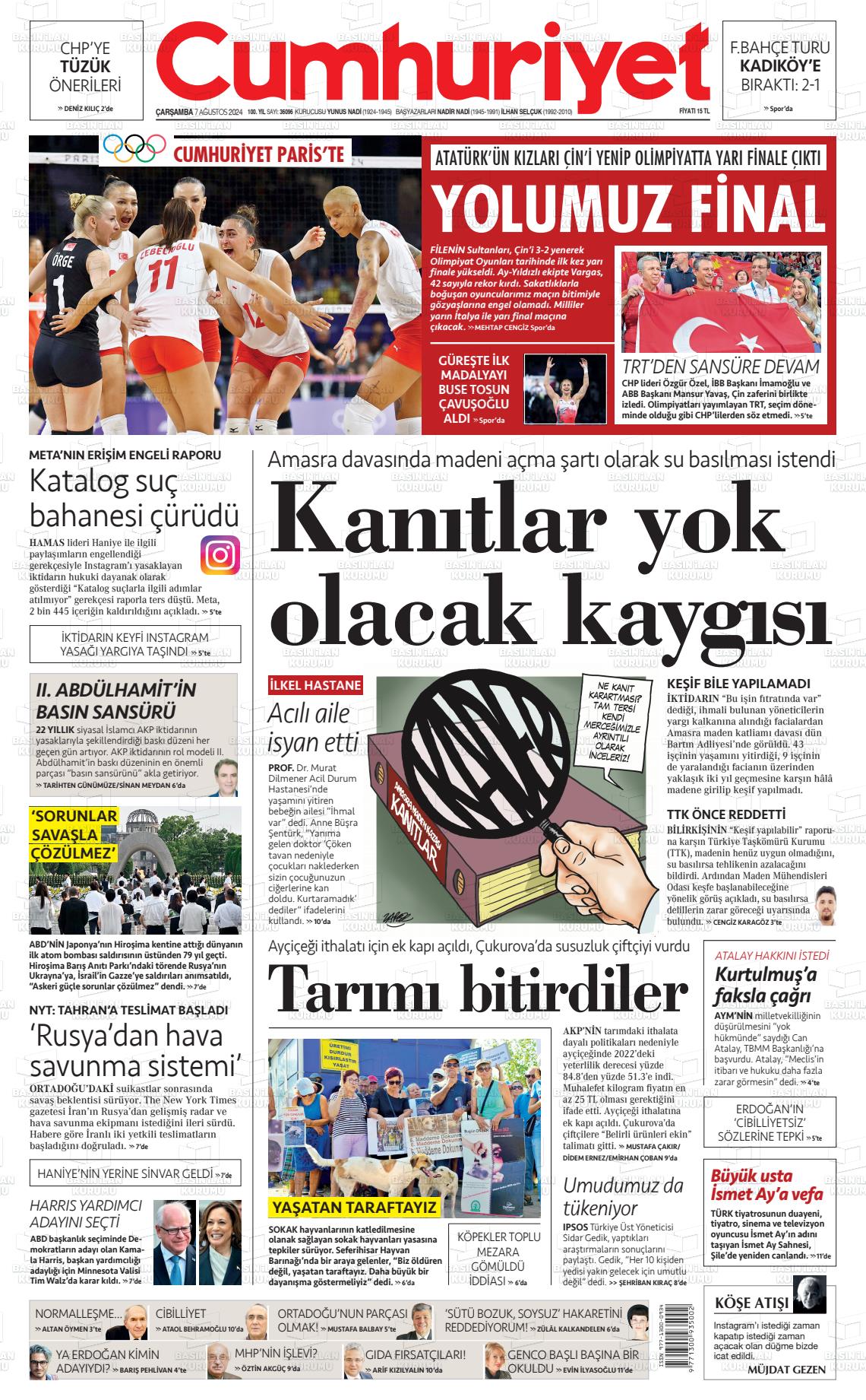 07 Ağustos 2024 Cumhuriyet Gazete Manşeti