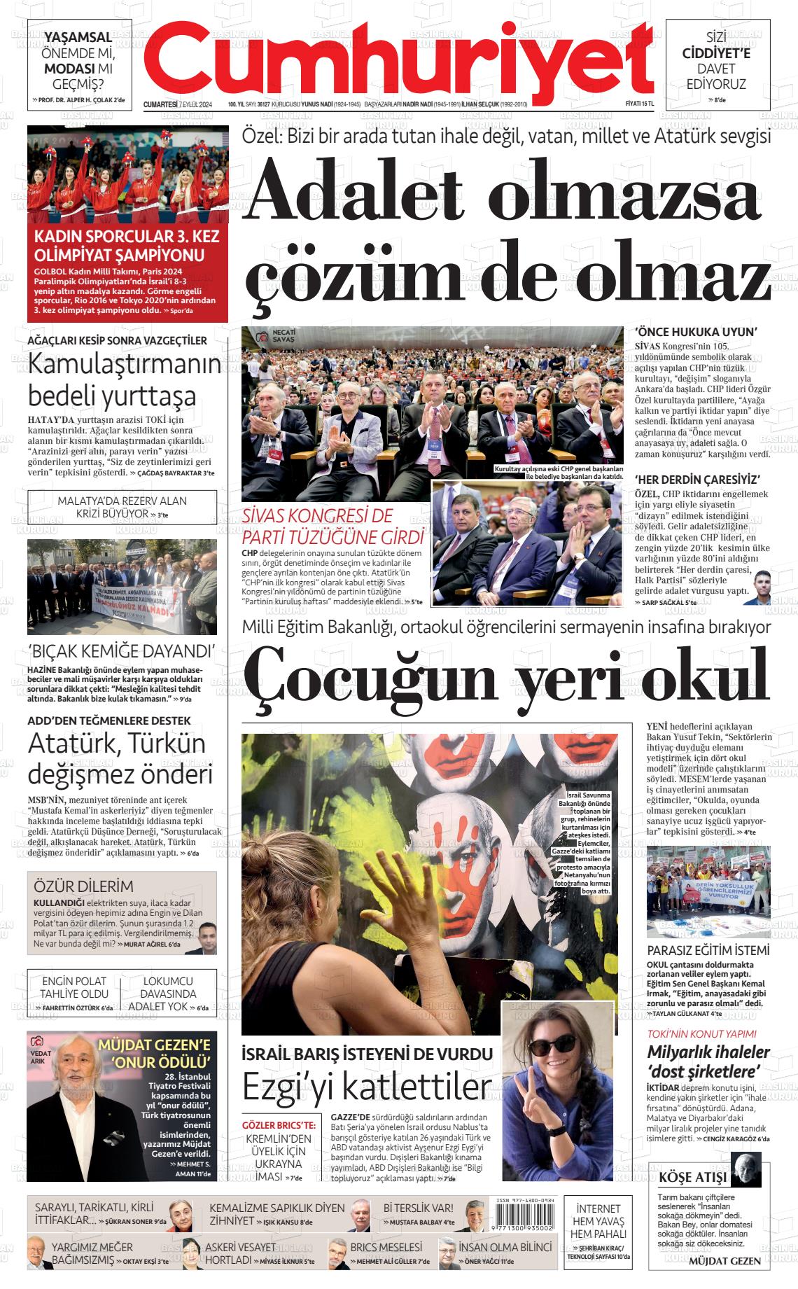 07 Eylül 2024 Cumhuriyet Gazete Manşeti