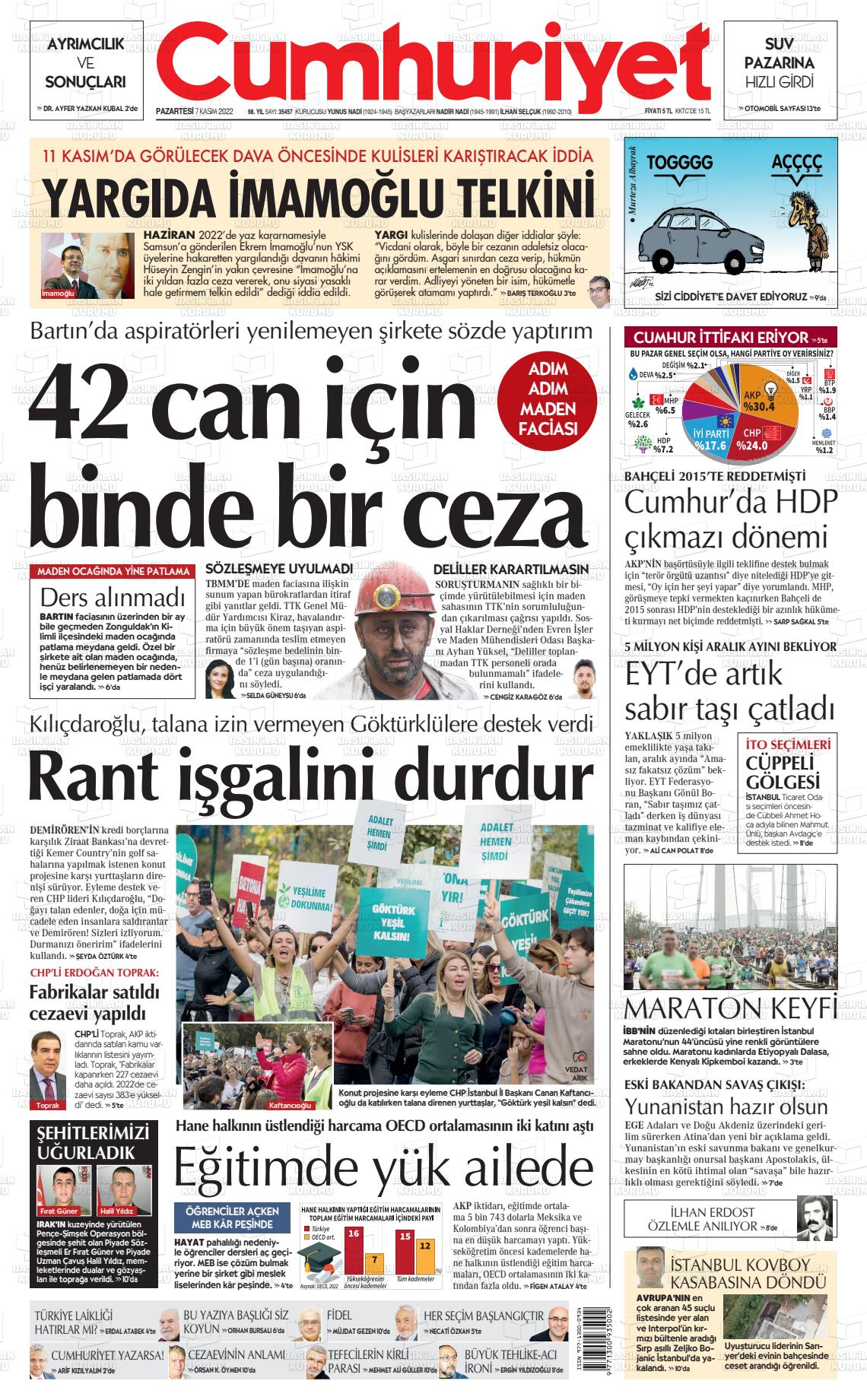 07 Kasım 2022 Cumhuriyet Gazete Manşeti