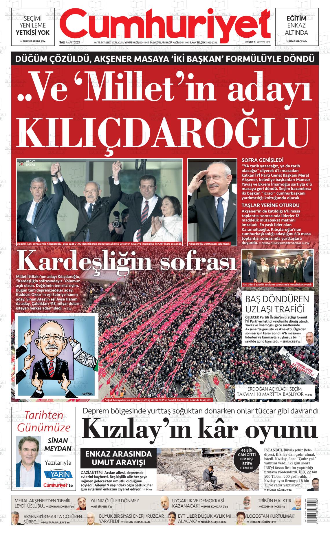 07 Mart 2023 Cumhuriyet Gazete Manşeti