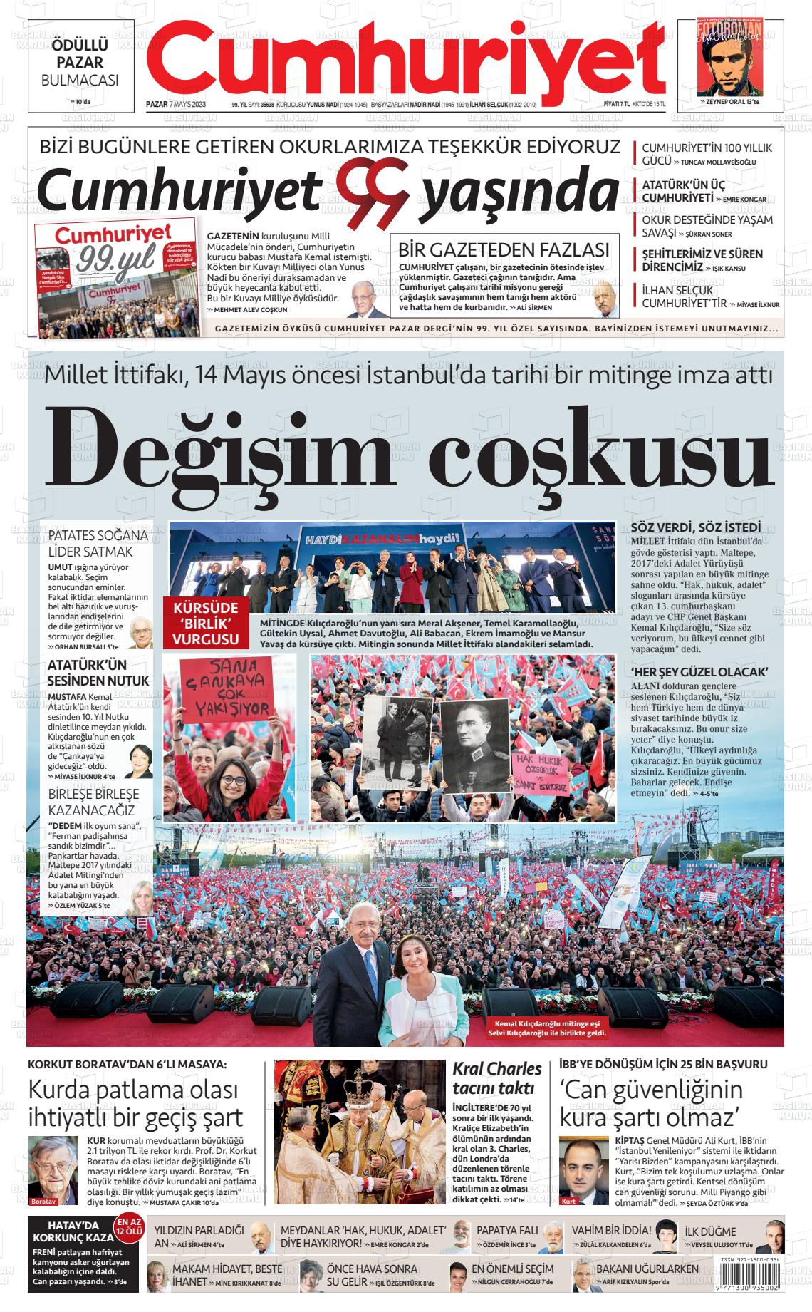 07 Mayıs 2023 Cumhuriyet Gazete Manşeti