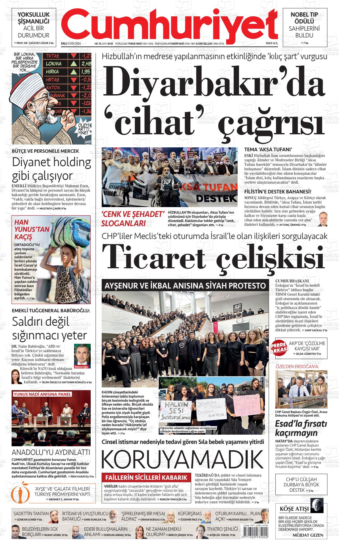 08 Ekim 2024 Cumhuriyet Gazete Manşeti