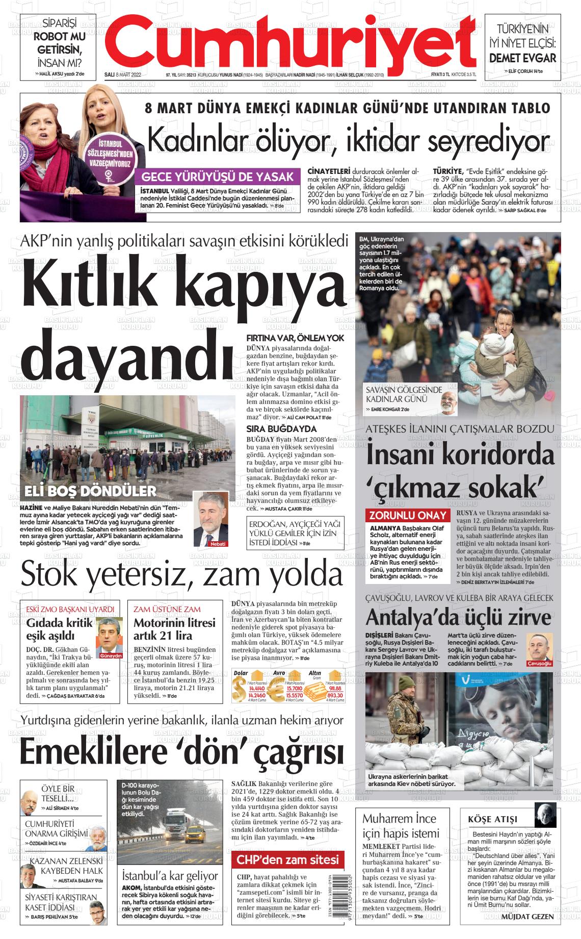 08 Mart 2022 Cumhuriyet Gazete Manşeti