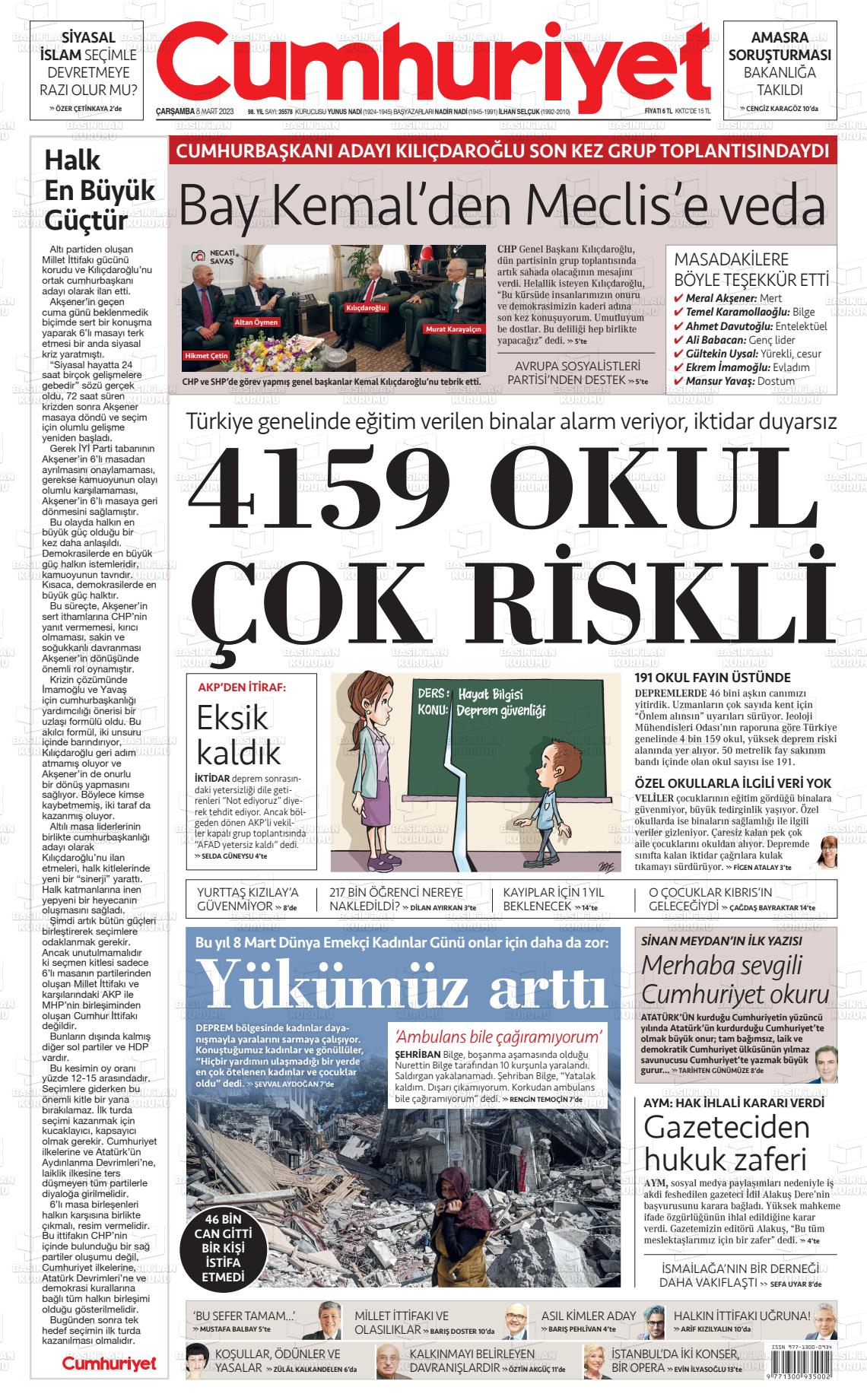 08 Mart 2023 Cumhuriyet Gazete Manşeti