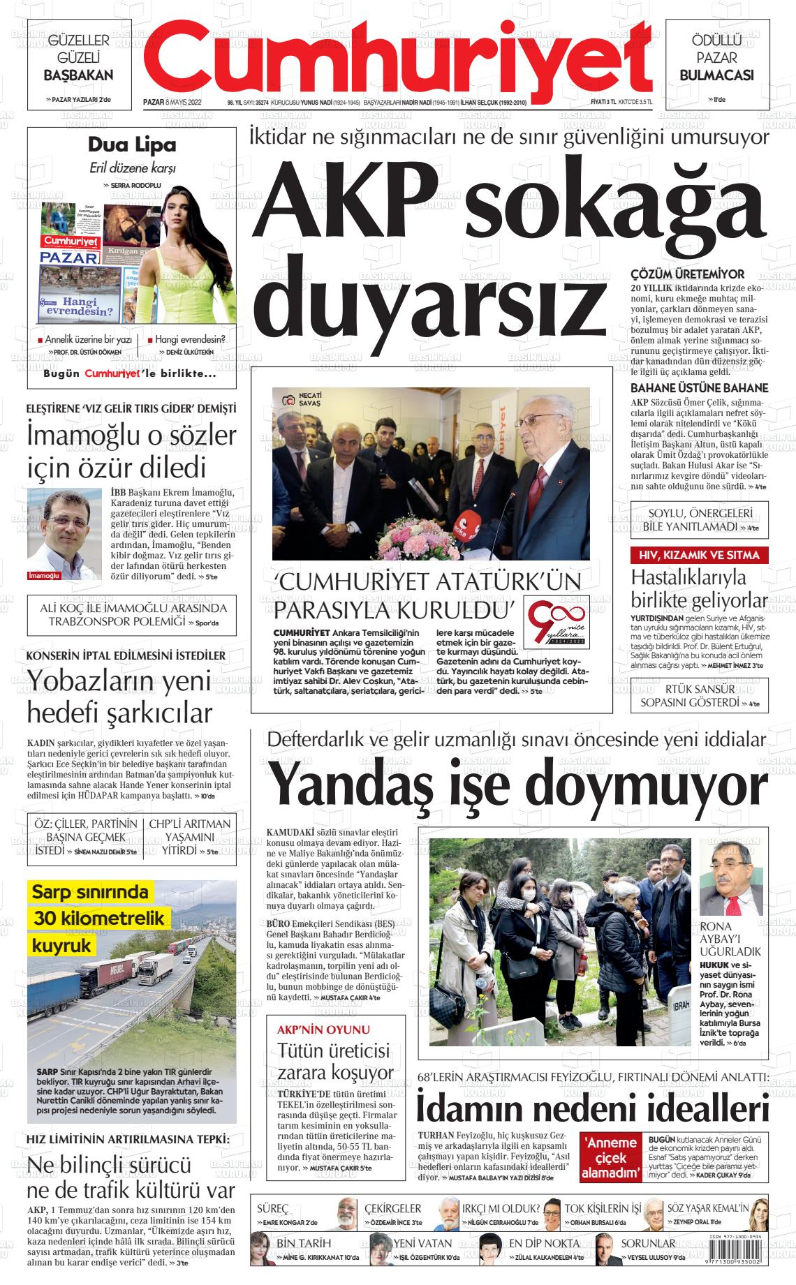 08 Mayıs 2022 Cumhuriyet Gazete Manşeti