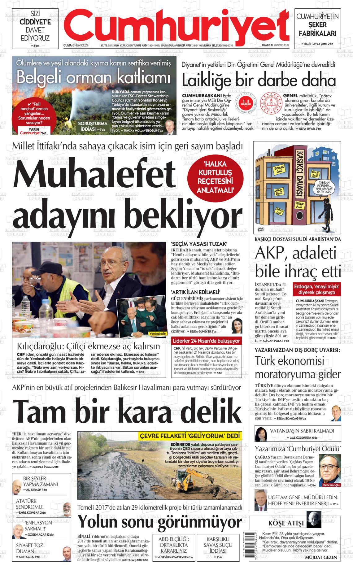 08 Nisan 2022 Cumhuriyet Gazete Manşeti