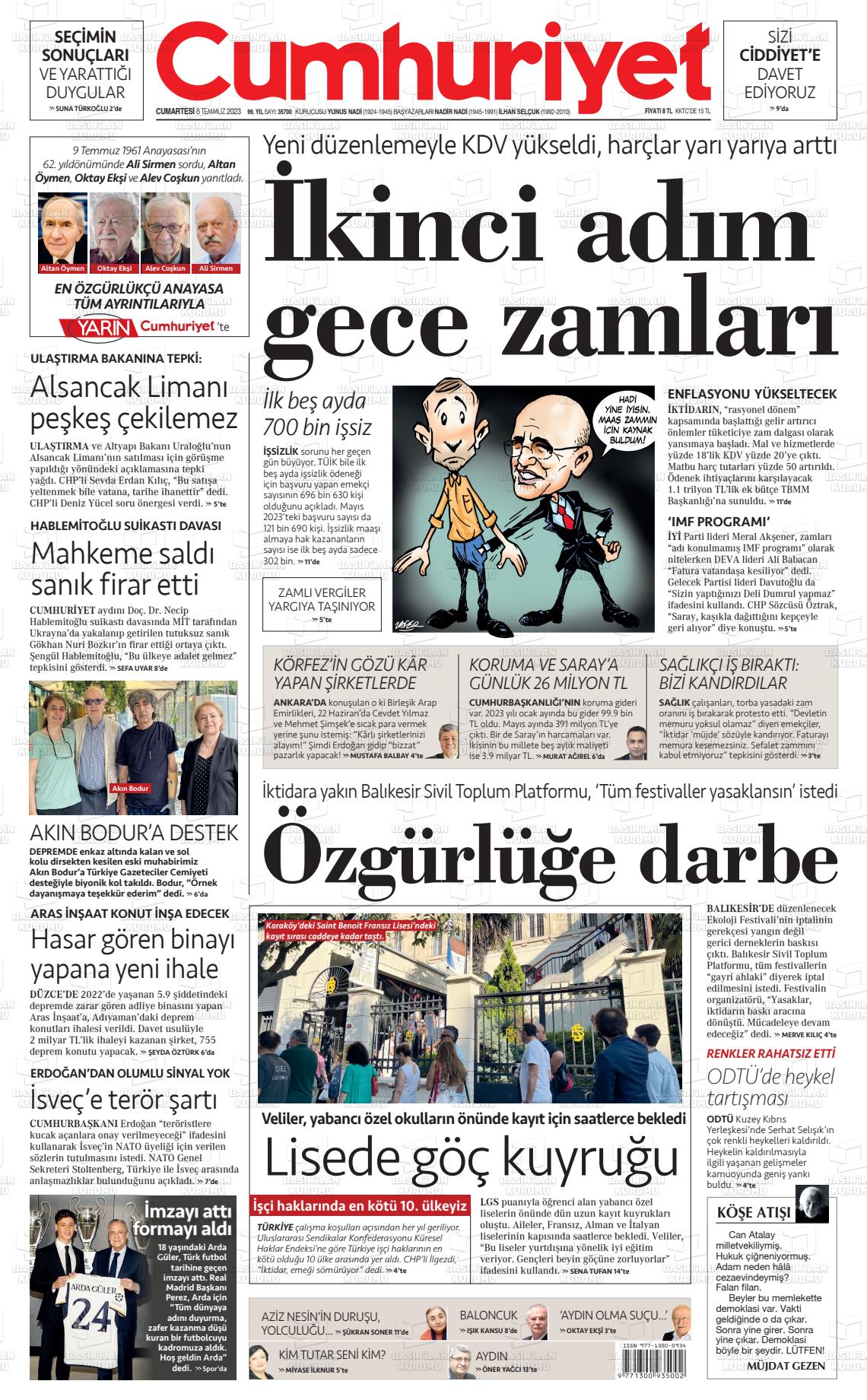 08 Temmuz 2023 Cumhuriyet Gazete Manşeti